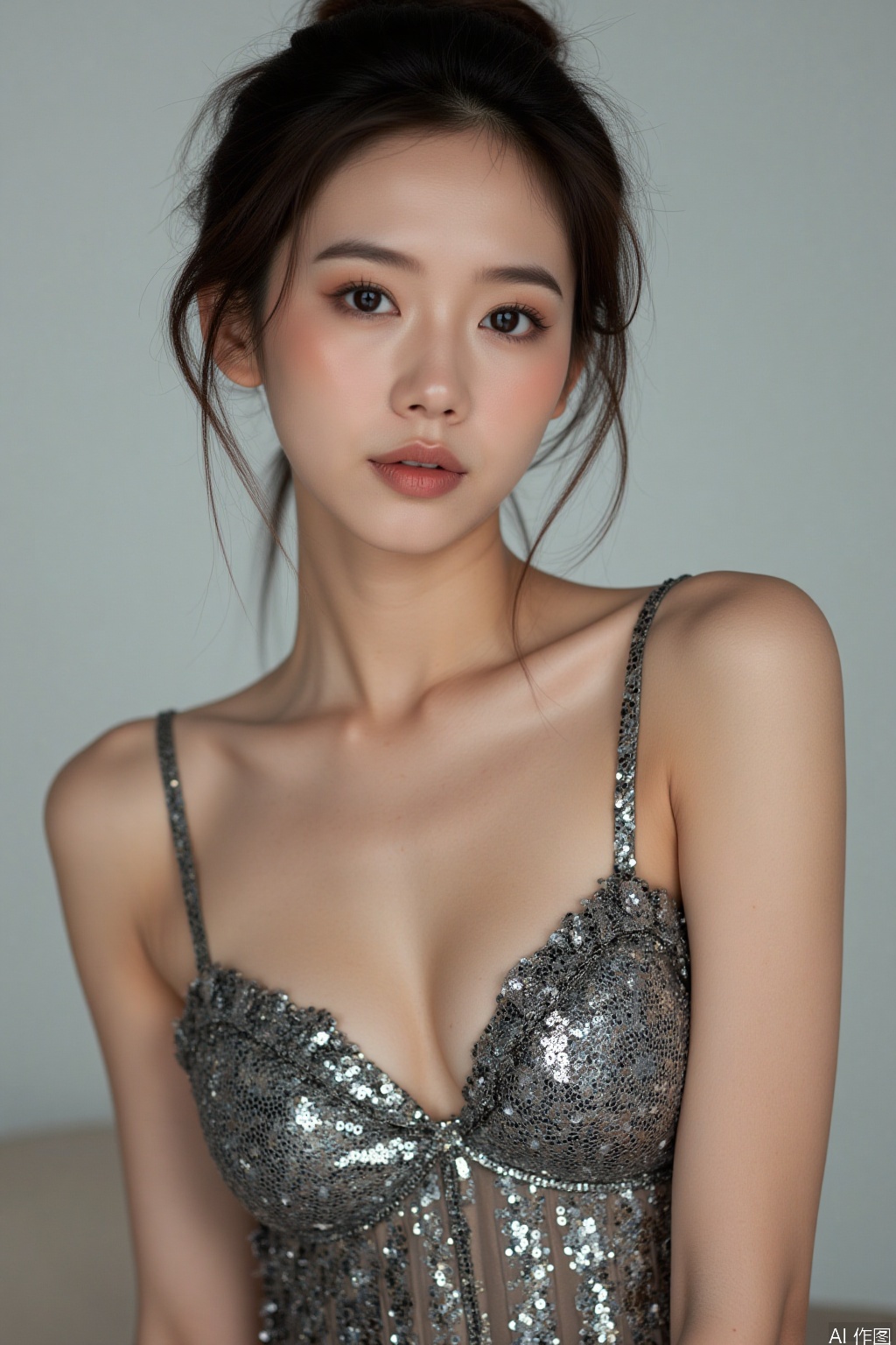 A beautiful Asian woman with a perfect figure and well-defined facial features,Fashion background