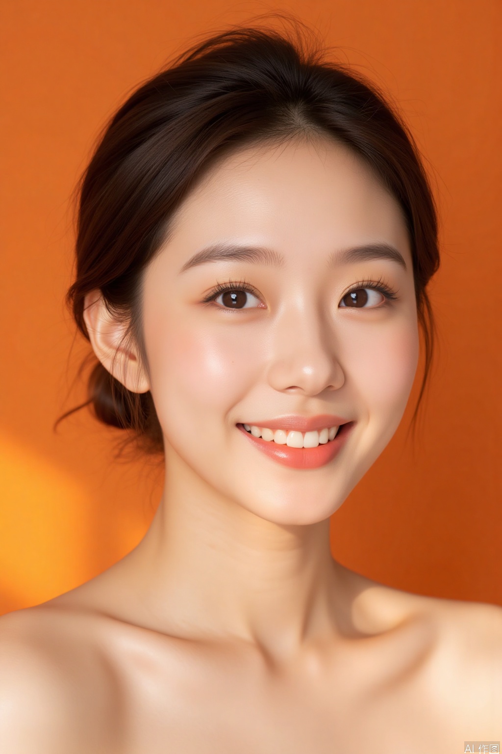 A very beautiful Asian woman with golden ratio facial features, fair and tender skin, perfect figure, single eyelids, light orange background, and a smile