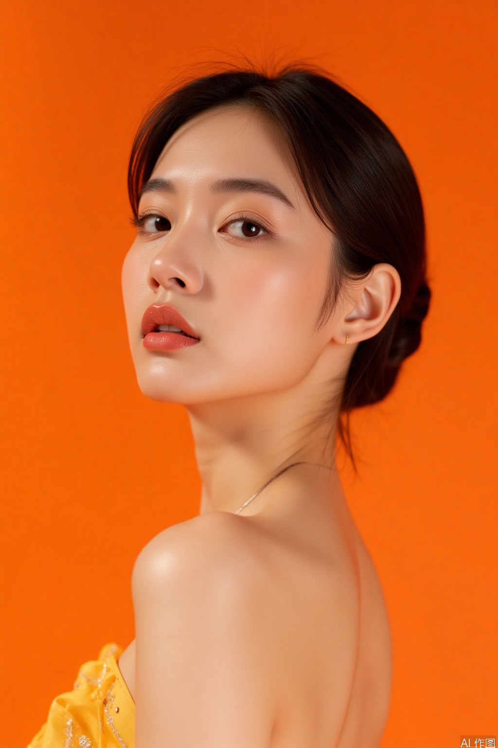 A beautiful Asian woman with fair skin and an orange background
