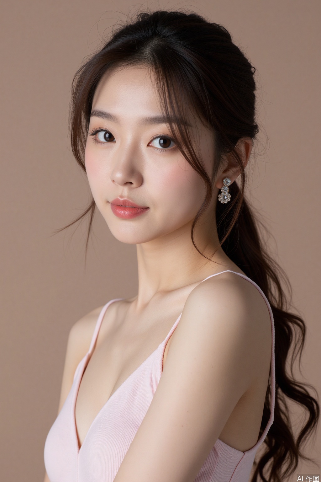 A beautiful Asian woman with a perfect figure and well-defined facial features,Fashion background