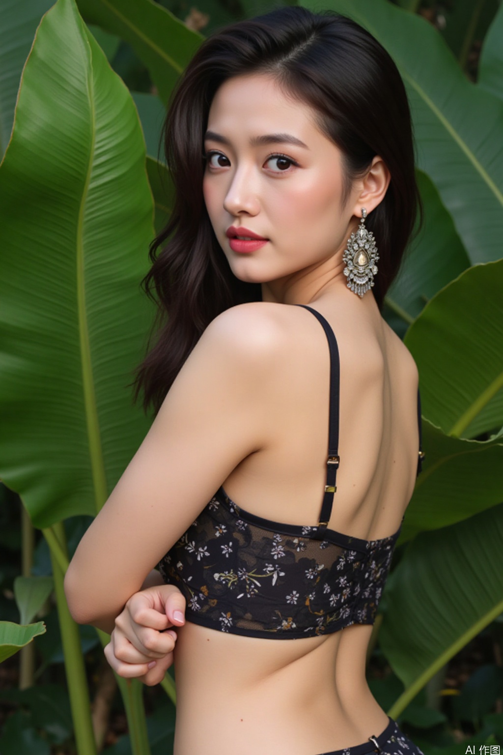 A beautiful Asian woman with a perfect figure and well-defined facial features,Green plant background
