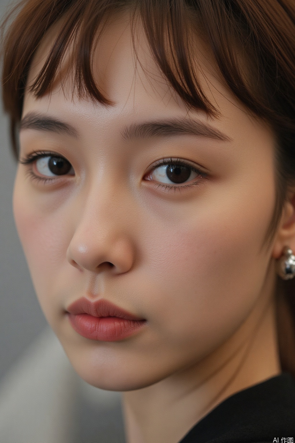 A close-up portrait photo a young woman with striking features,