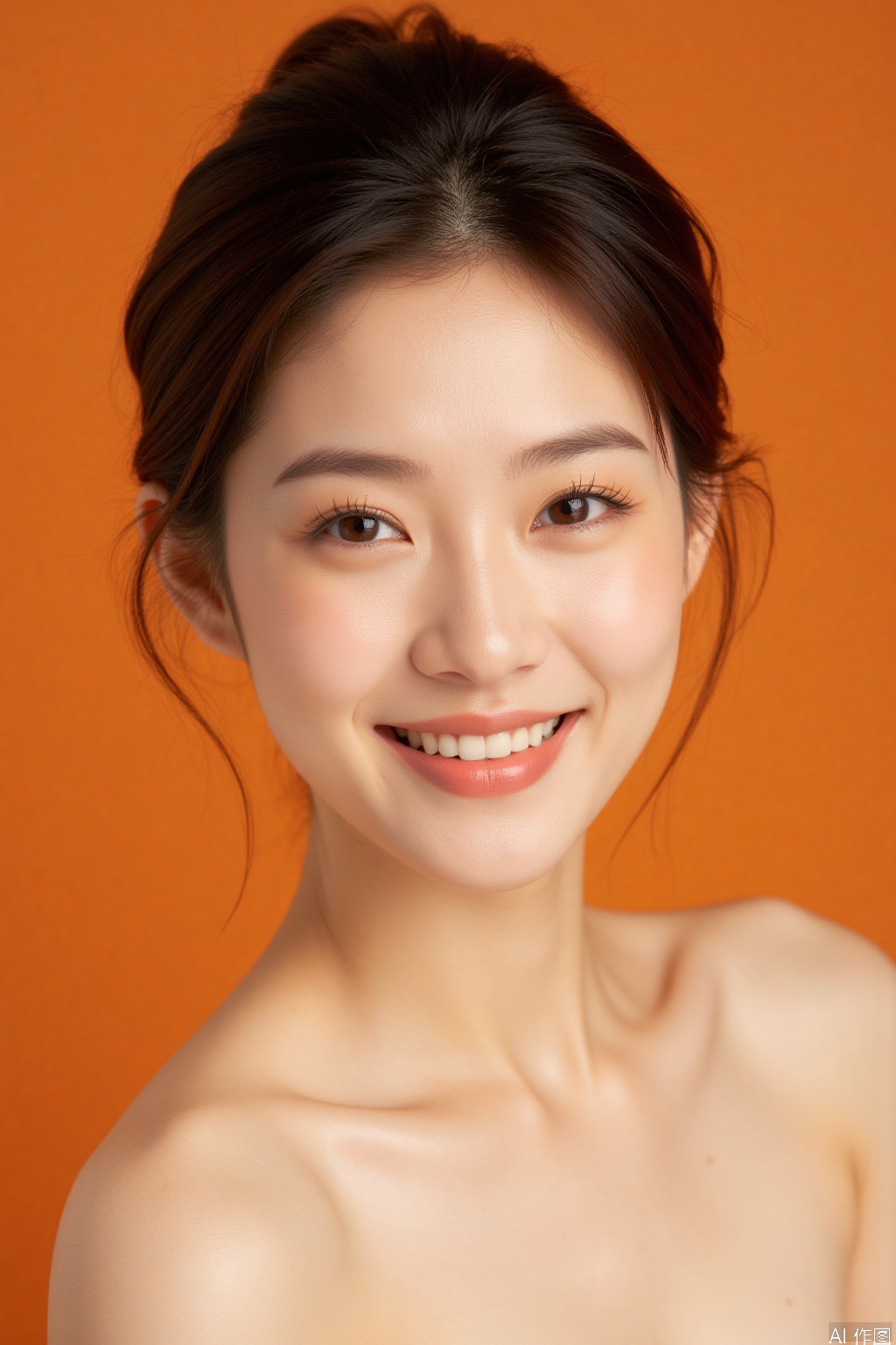 A very beautiful Asian woman with golden ratio facial features, fair and tender skin, perfect figure, single eyelids, light orange background, and a smile