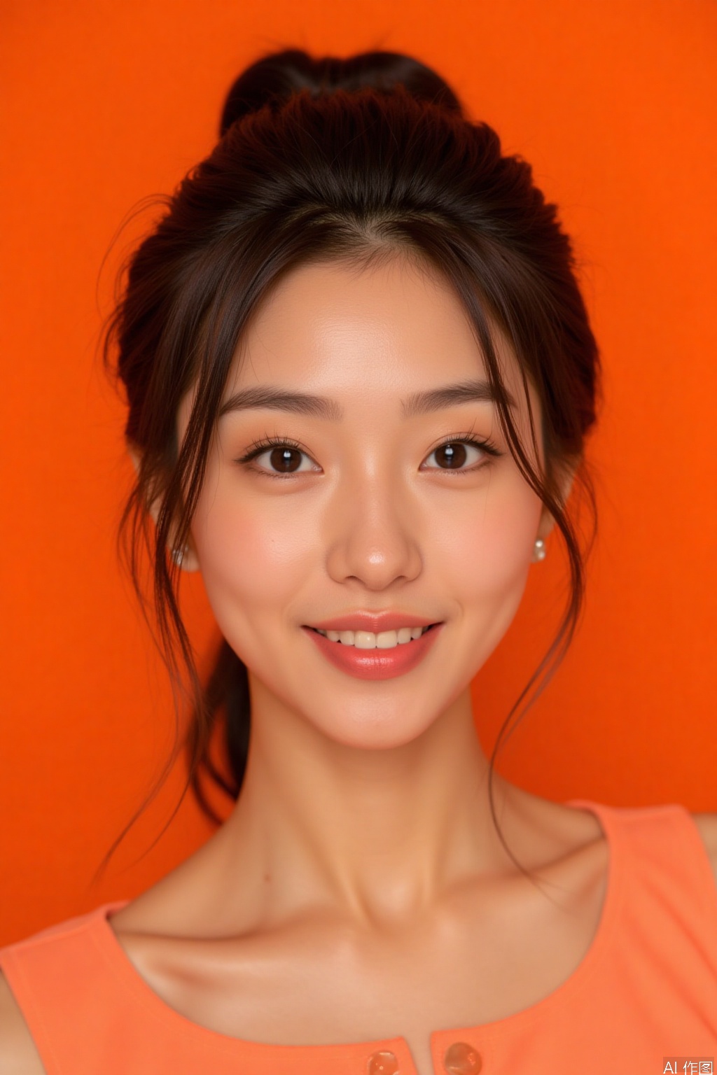 A very beautiful Asian woman with fair skin and an orange background