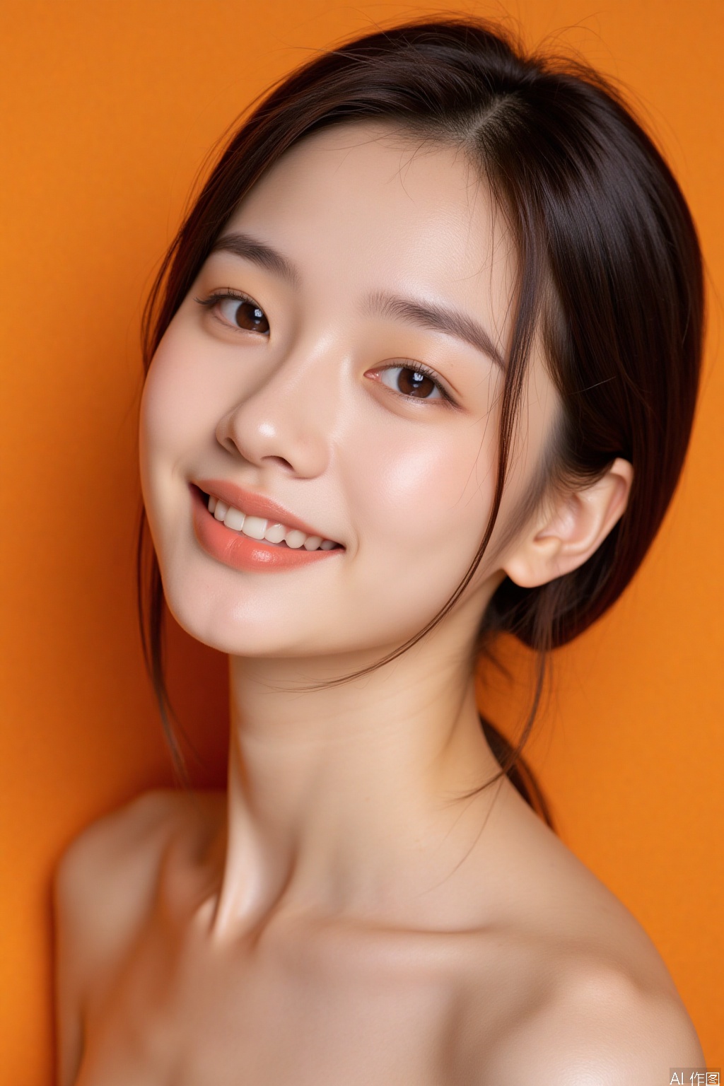 A very beautiful Asian woman with golden ratio facial features, fair and tender skin, perfect figure, single eyelids, light orange background, and a smile