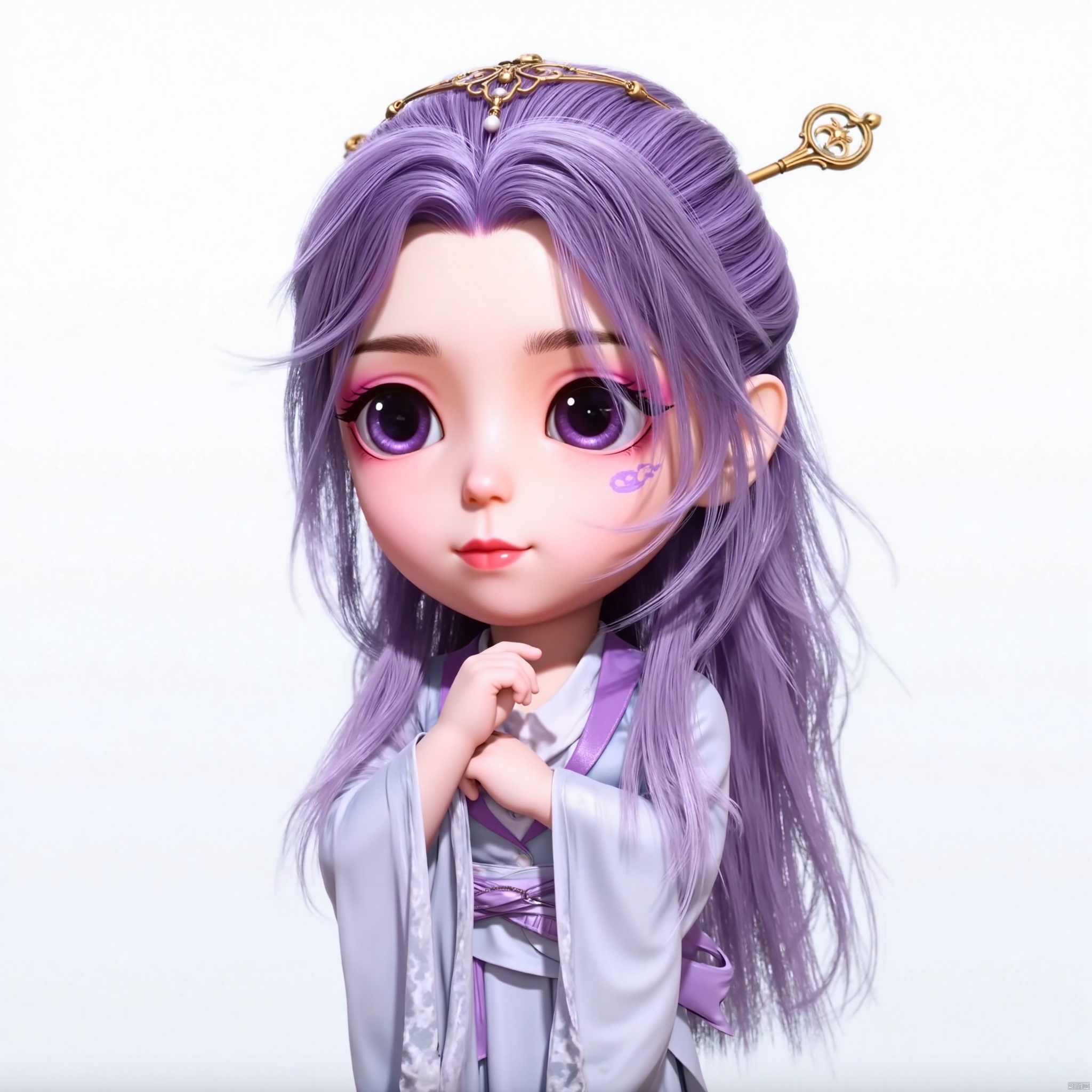 YUNXIAO, 1girl, solo, long hair, long sleeves, hair ornament, dress, closed mouth, upper body, purple hair, chibi, black eyes, looking to the side, realistic, purple facial mark