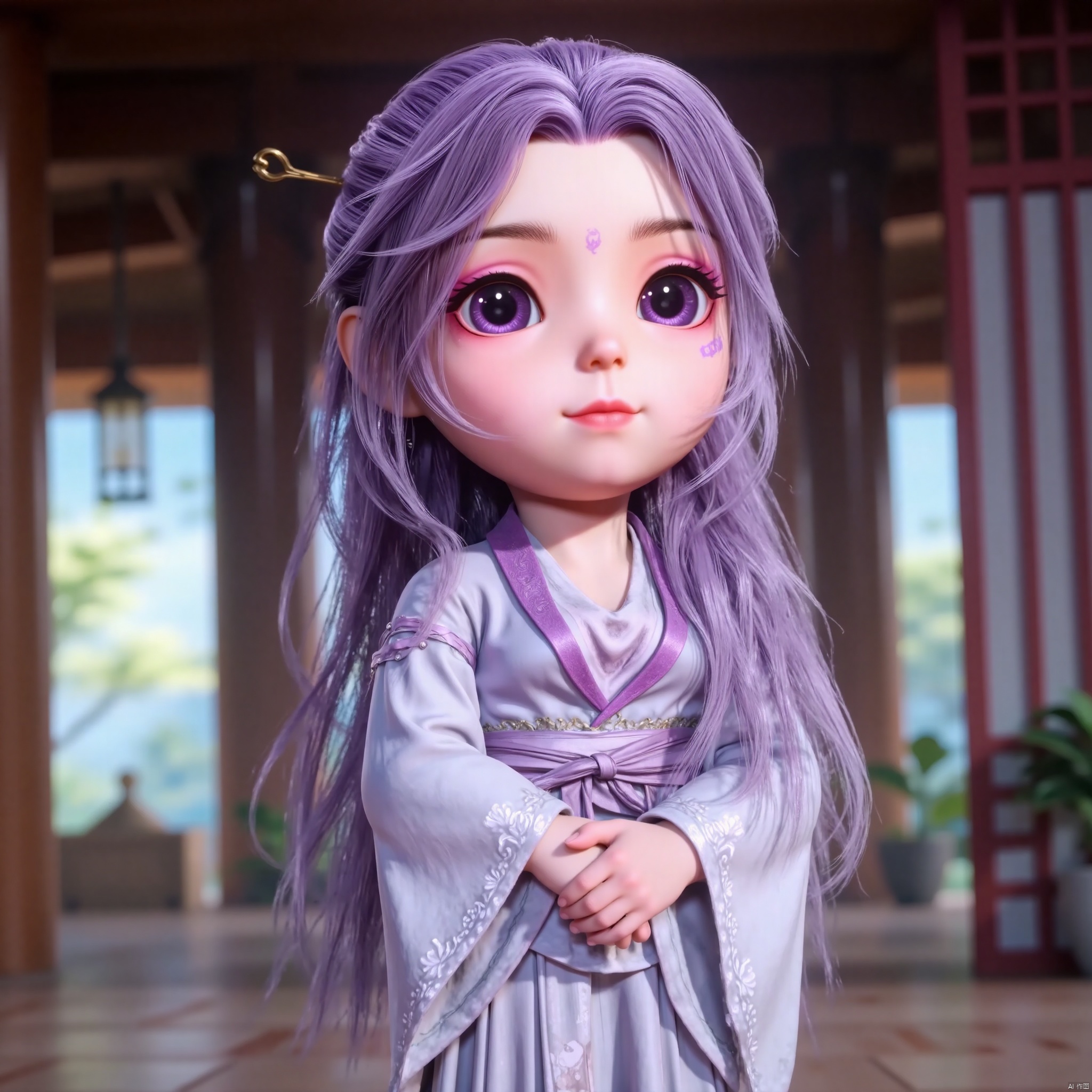 YUNXIAO, 1girl, solo, long hair, long sleeves, dress, closed mouth, purple eyes, upper body, purple hair, blurry background, chinese clothes, purple facial mark, aged down, blurry