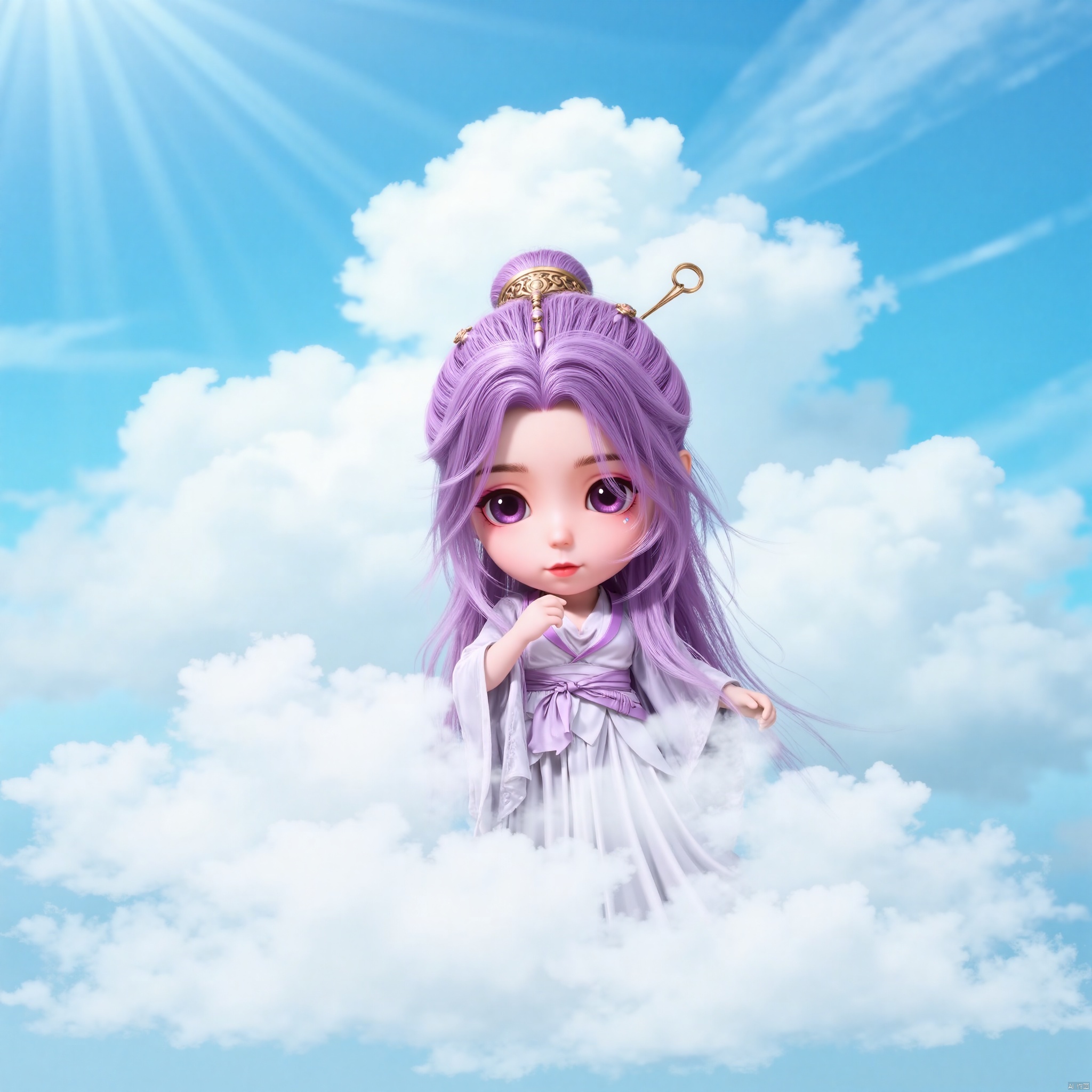YUNXIAO, 1girl, solo, long hair, looking at viewer, hair ornament, dress, purple eyes, purple hair, sky, cloud, white dress, black eyes, hairpin, hair stick, Stand on the clouds