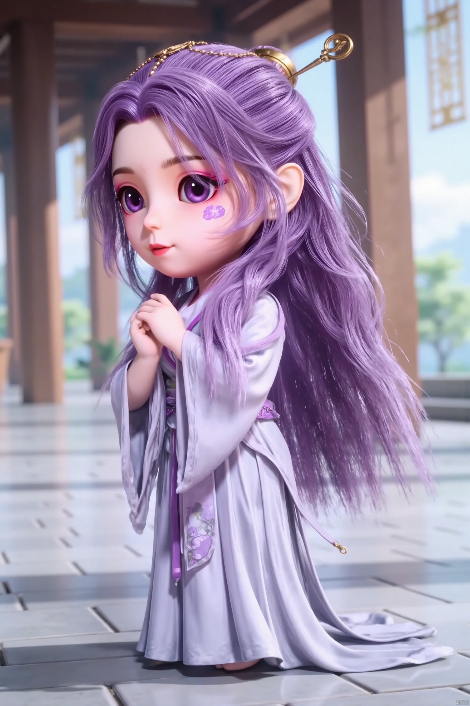 YUNXIAO, 1girl, solo, long hair, looking at viewer, smile, long sleeves, hair ornament, dress, closed mouth, purple eyes, upper body, purple hair, chibi, blurry background, chinese clothes, Purple auspicious cloud facial mark, blurry