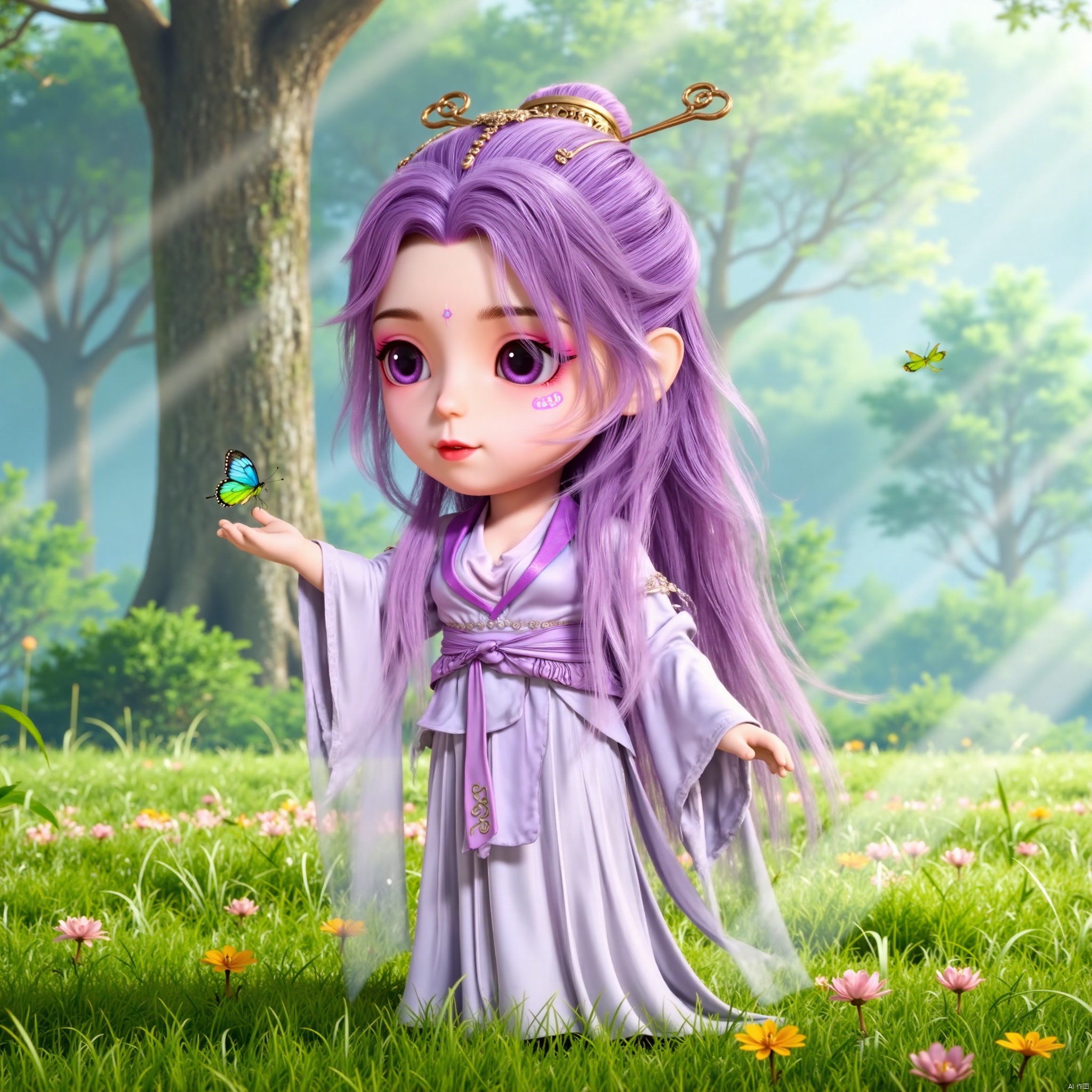 YUNXIAO, 1girl, solo, long hair, long sleeves, hair ornament, dress, closed mouth, purple eyes, purple hair, flower, outdoors, day, hair bun, chibi, tree, chinese clothes, grass, bug, butterfly, hanfu, purple facial mark