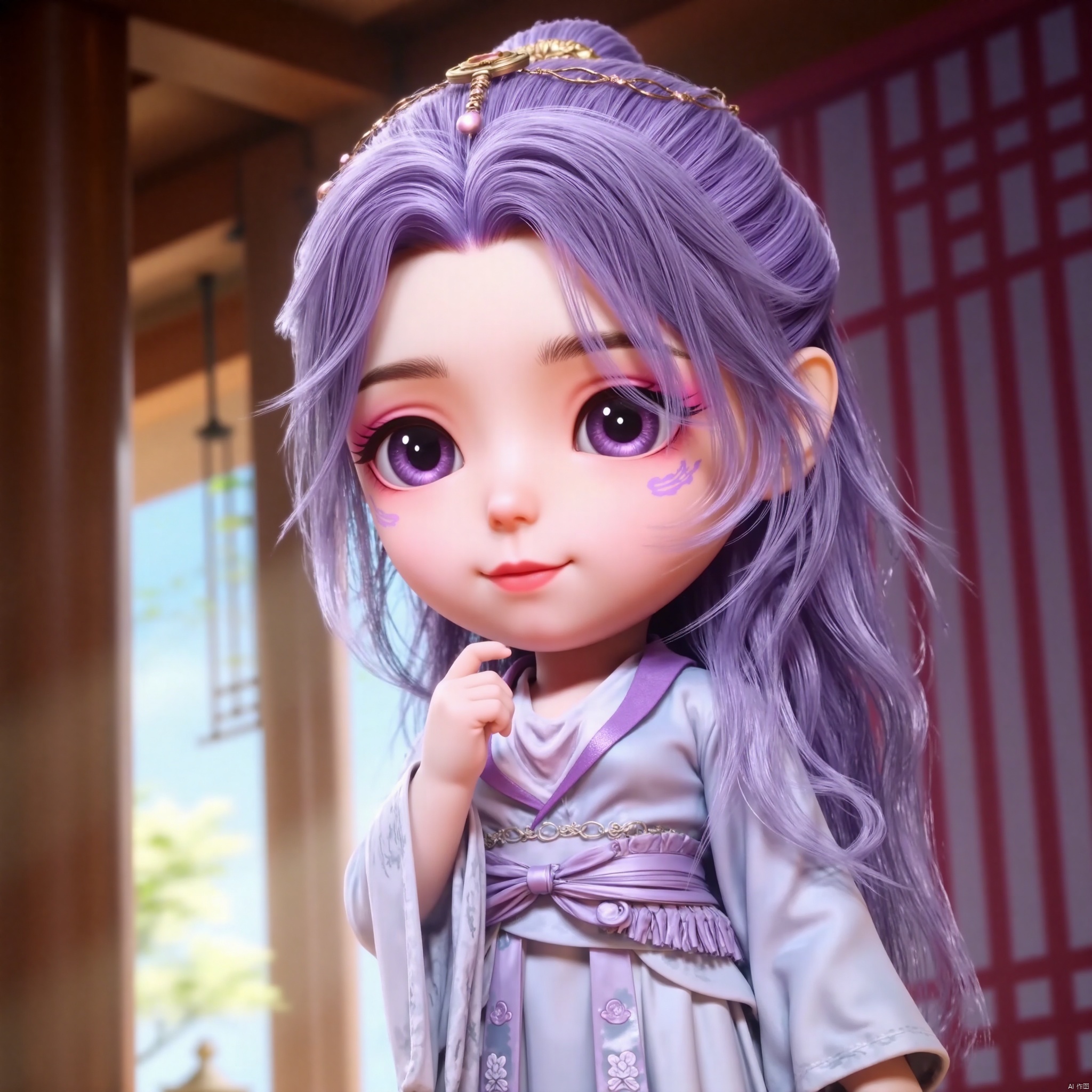 YUNXIAO, 1girl, solo, long hair, looking at viewer, smile, long sleeves, hair ornament, dress, closed mouth, purple eyes, upper body, purple hair, chibi, blurry background, chinese clothes, purple facial mark, blurry