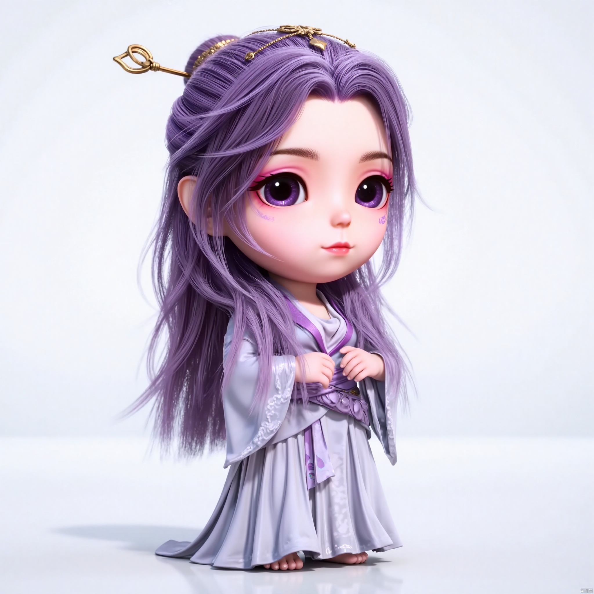 YUNXIAO, 1girl, solo, long hair, long sleeves, hair ornament, dress, closed mouth, upper body, purple hair, chibi, black eyes, looking to the side, realistic, purple facial mark
