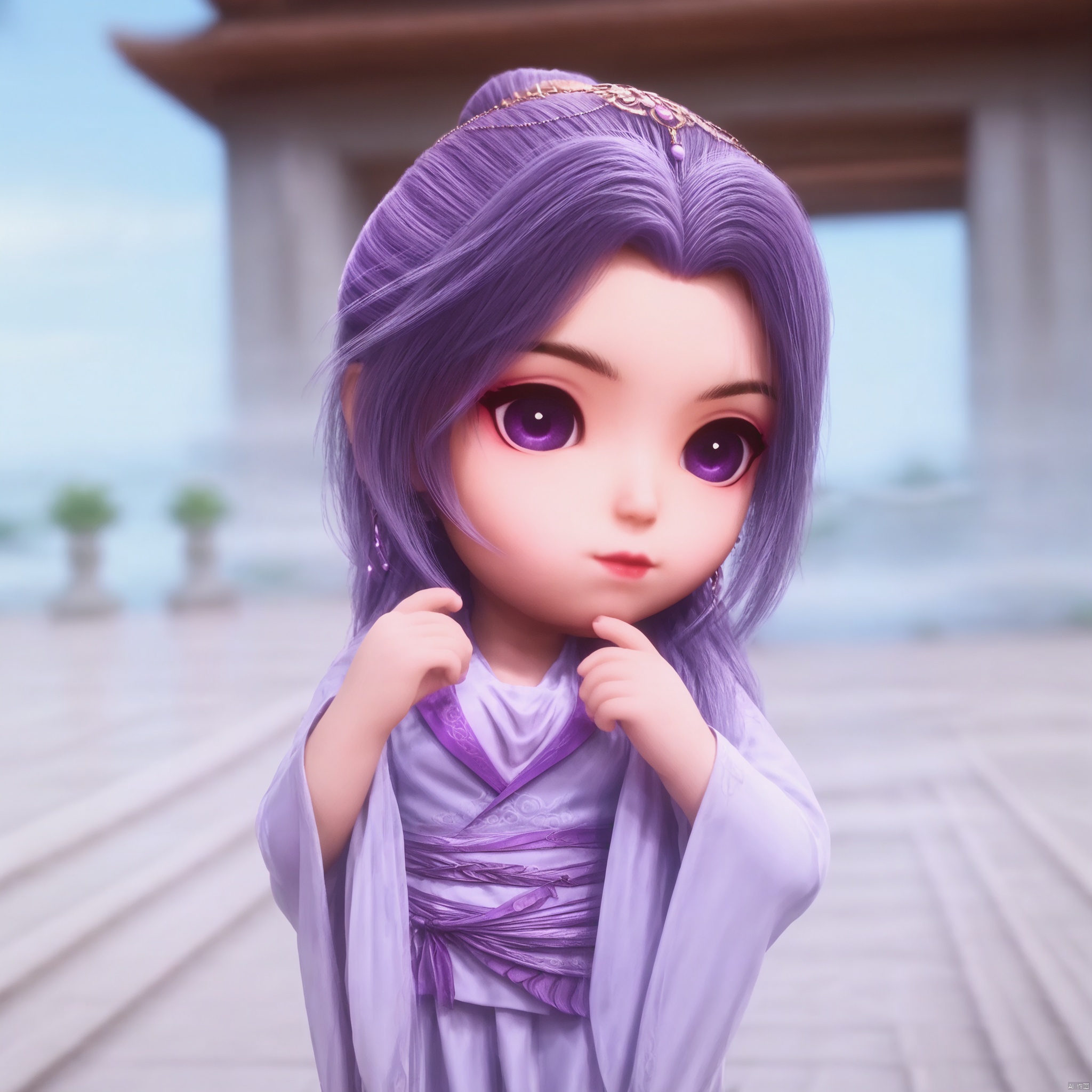 YUNXIAO, 1girl, solo, long hair, long sleeves, dress, closed mouth, purple eyes, upper body, purple hair, blurry background, chinese clothes, purple facial mark, aged down, blurry