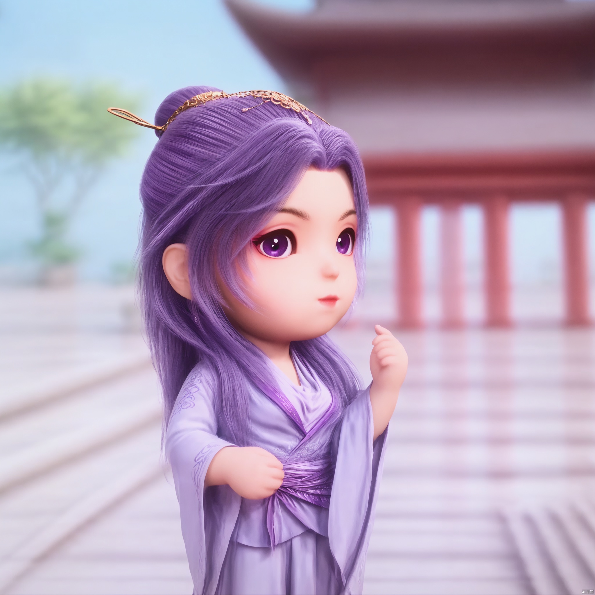 YUNXIAO, 1girl, solo, long hair, looking at viewer, smile, long sleeves, hair ornament, dress, closed mouth, purple eyes, upper body, purple hair, chibi, blurry background, chinese clothes, purple facial mark, blurry