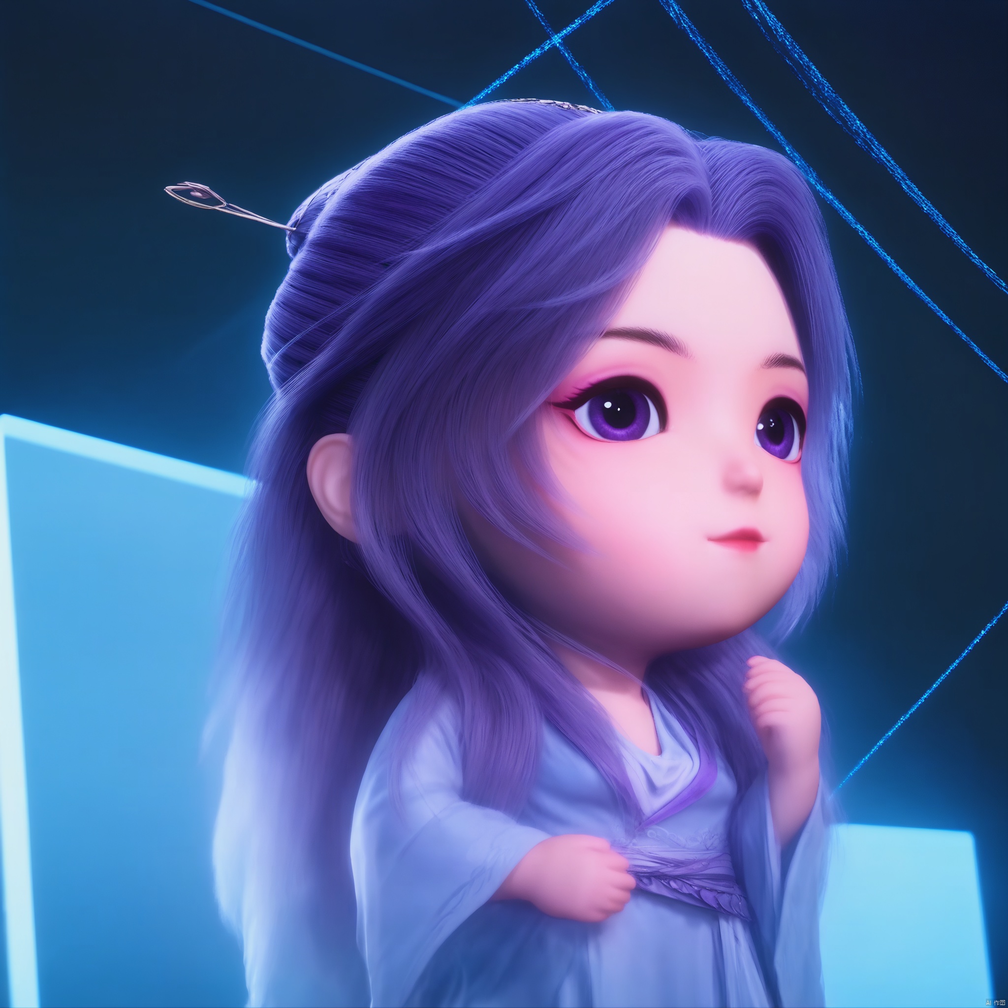 YUNXIAO, 1girl, solo, long hair, long sleeves, hair ornament, dress, closed mouth, upper body, purple hair, chibi, black eyes, looking to the side, realistic, purple facial mark