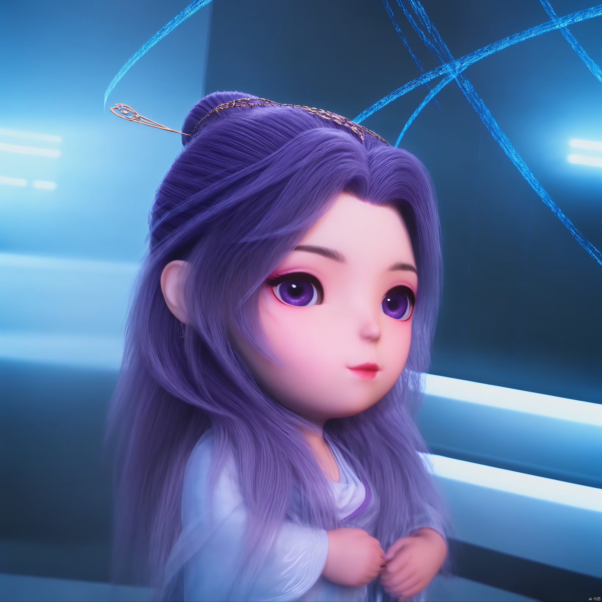  YUNXIAO, 1girl, solo, looking at viewer, hair ornament, dress, closed mouth, purple eyes, upper body, purple hair, looking back, lips, reflection, hair stick