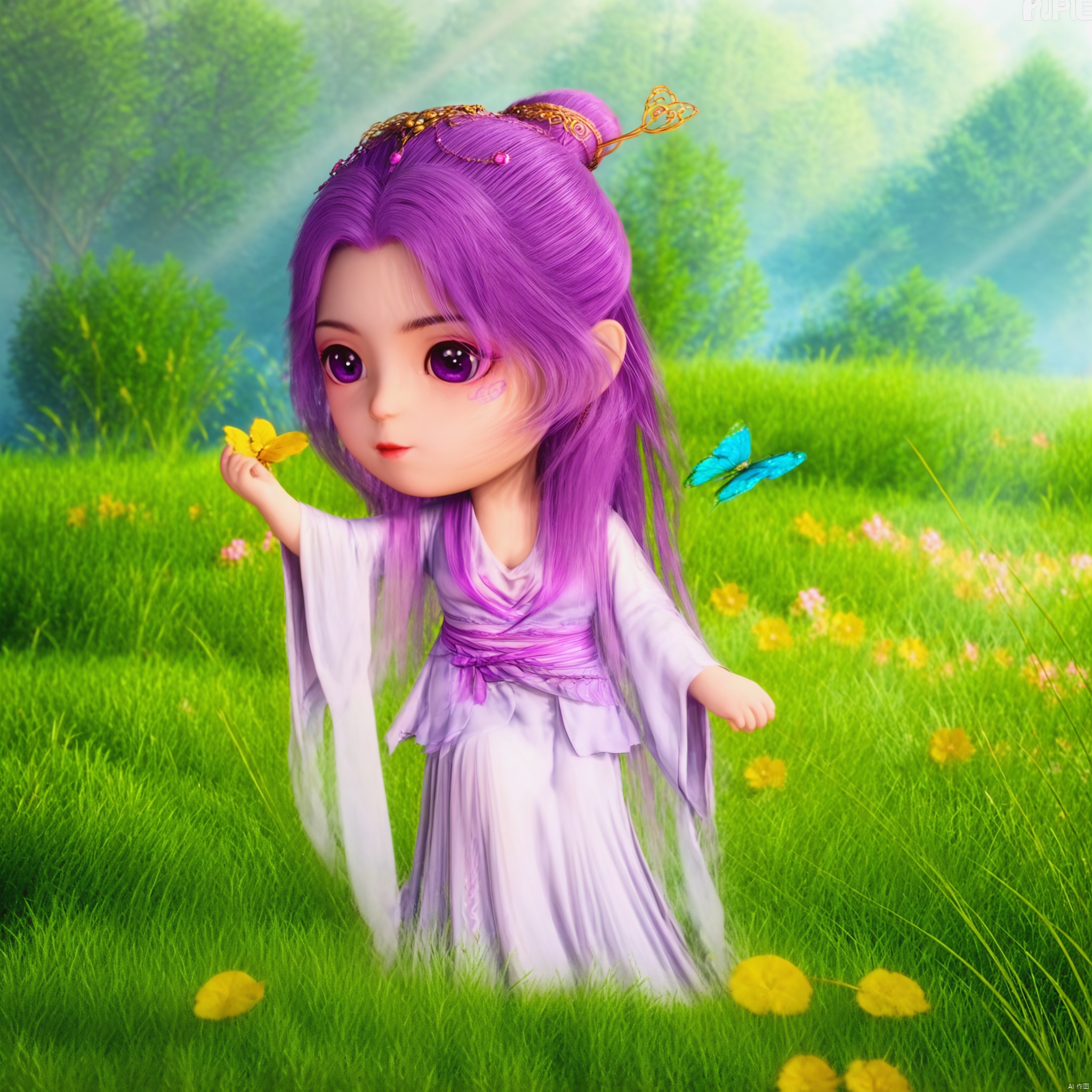 YUNXIAO, 1girl, solo, long hair, long sleeves, hair ornament, dress, closed mouth, purple eyes, purple hair, flower, outdoors, day, hair bun, chibi, tree, chinese clothes, grass, bug, butterfly, hanfu, purple facial mark