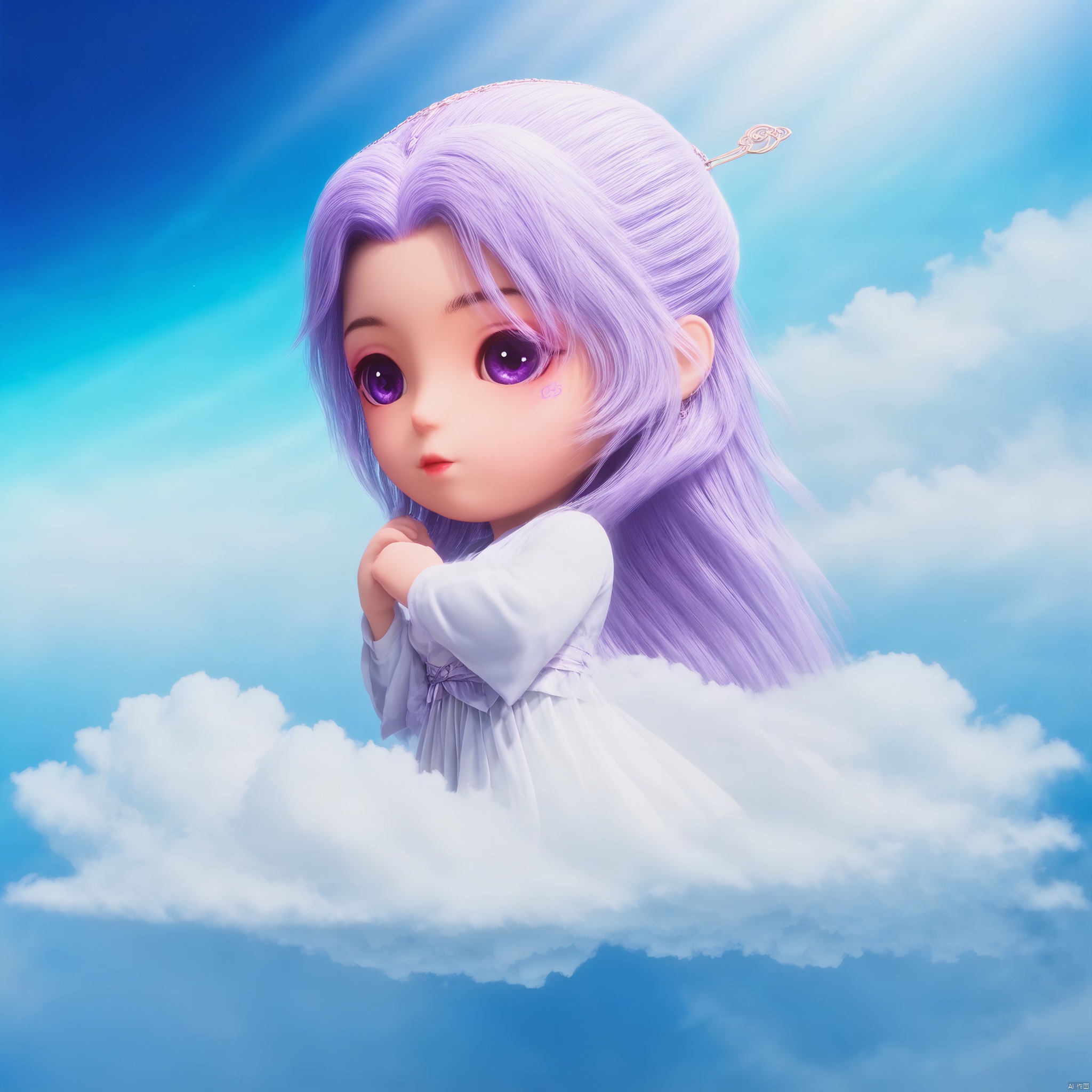 YUNXIAO, 1girl, solo, long hair, looking at viewer, hair ornament, dress, purple eyes, purple hair, sky, cloud, white dress, black eyes, hairpin, hair stick, Stand on the clouds
