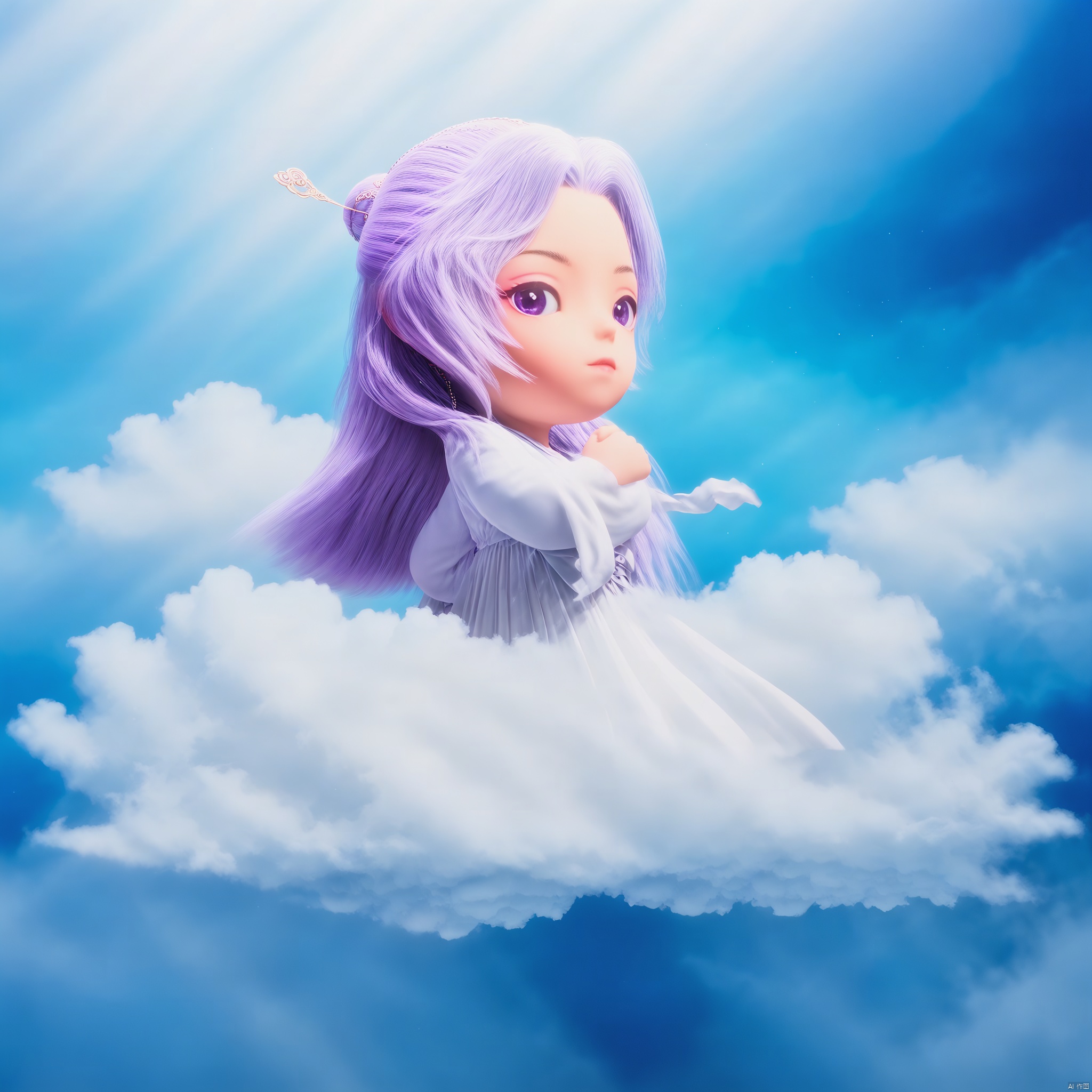 YUNXIAO, 1girl, solo, long hair, looking at viewer, hair ornament, dress, purple eyes, purple hair, sky, cloud, white dress, black eyes, hairpin, hair stick, Stand on the clouds