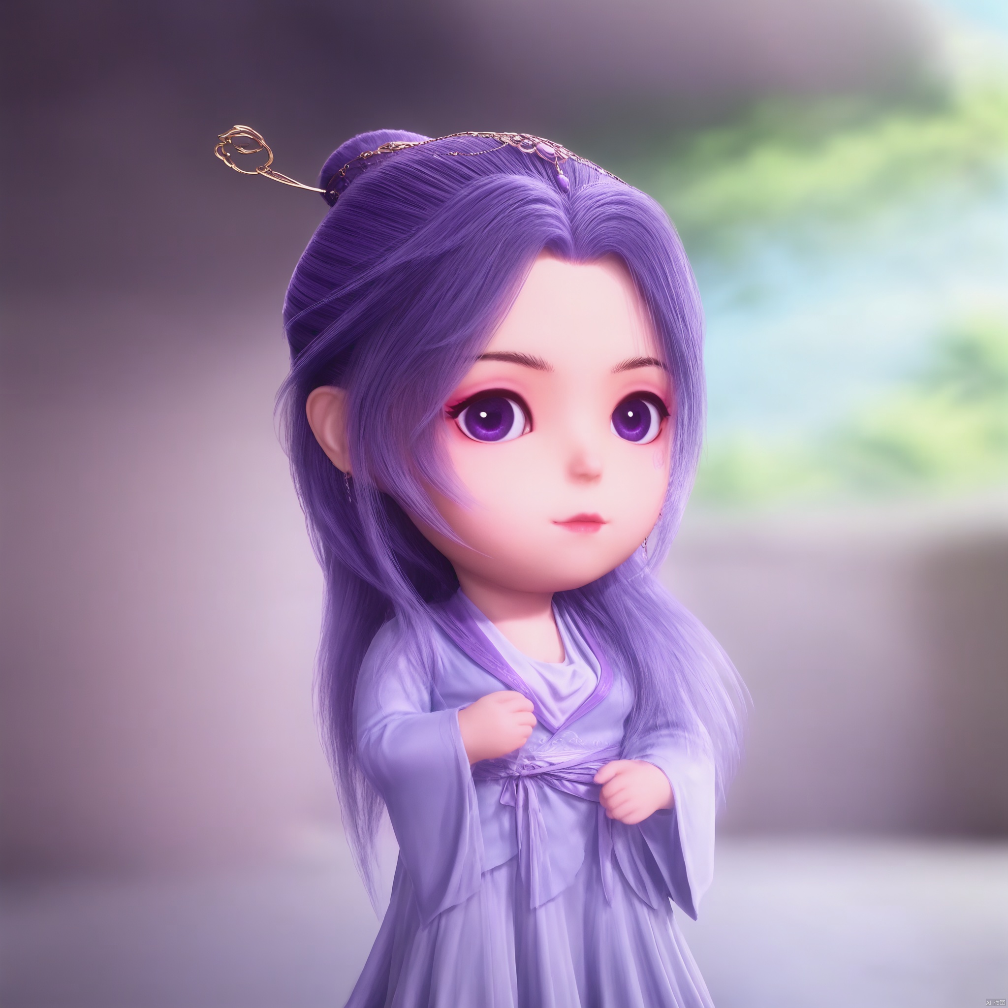 YUNXIAO, 1girl, solo, long hair, long sleeves, hair ornament, dress, closed mouth, upper body, purple hair, chibi, black eyes, looking to the side, realistic, purple facial mark