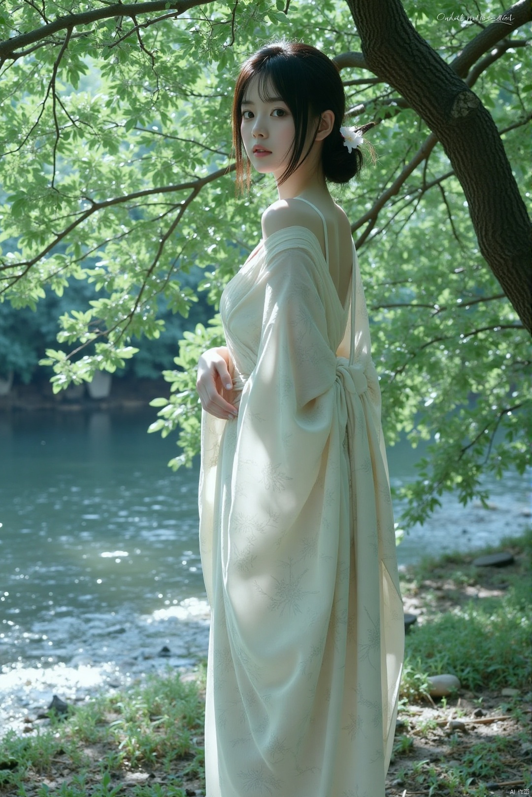 1girl,qinglen,standing,tree,upper_body,looking_at_viewer,river