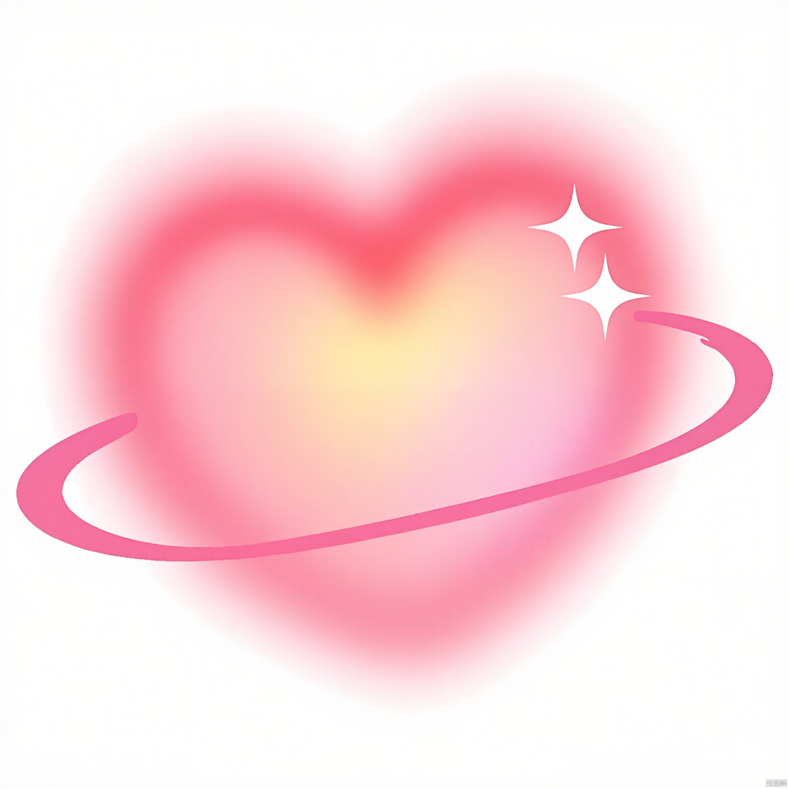 AXYS, A digital illustration featuring a large, heart-shaped object with a gradient of pink and red hues, positioned in the center. The heart has a soft, glowing effect, with a bright, white star on its left side and a smaller, white star on its right side. A thin, pink line curves around the heart, forming a whimsical, circular shape. The background is plain white, and the overall style is simple and minimalistic. The image has a light, airy feel, with a subtle sparkle effect around the stars. The illustration has a romantic and dreamy aesthetic.