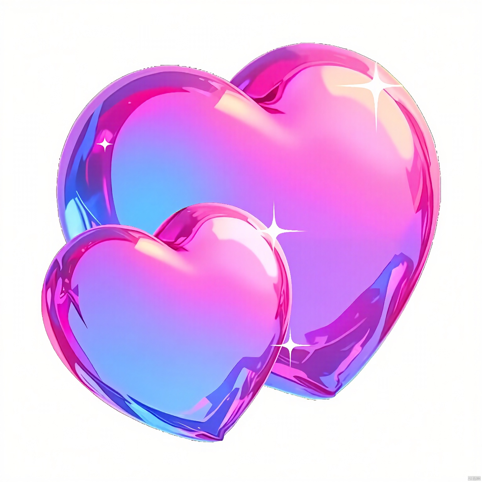 AXYS, A digital illustration of two heart-shaped containers, one larger and one smaller, with a gradient color scheme of pink, purple, and blue. The larger heart is positioned in the background, and the smaller heart is in the foreground, slightly overlapping the larger one. Both hearts have a glossy, reflective surface with sparkles and highlights, giving them a shiny, polished appearance. The background is plain white, emphasizing the vibrant colors and textures of the hearts. The style is clean, vibrant, and cartoony, with a focus on the playful and whimsical nature of the objects.