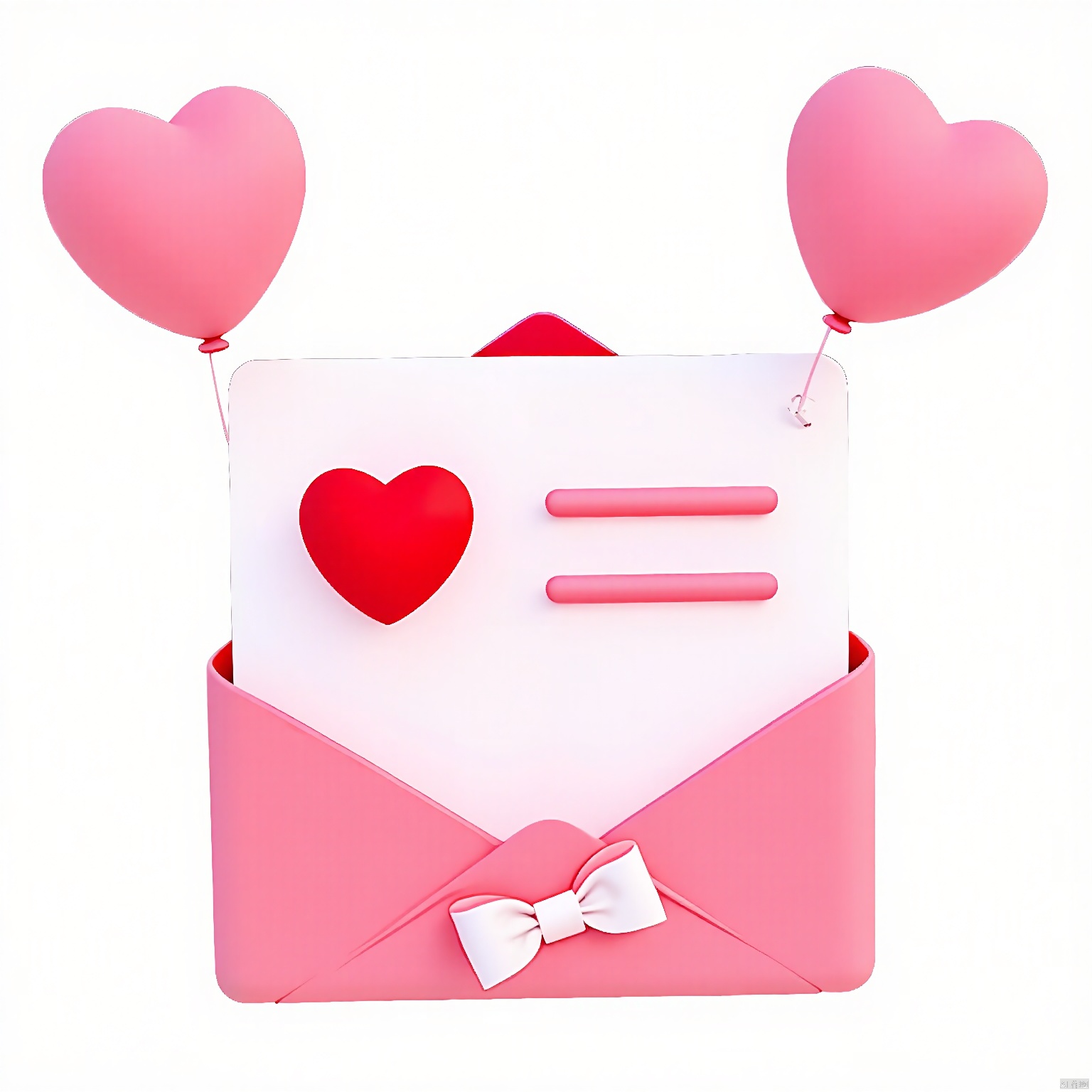 AXYS, Photograph of a pink envelope with a white bow on the bottom, containing a white card with a red heart and three pink lines on it. The envelope is open, and the card is partially visible. Two pink balloons with curly strings are attached to the top of the envelope. The background is white. The image has a playful, romantic feel.