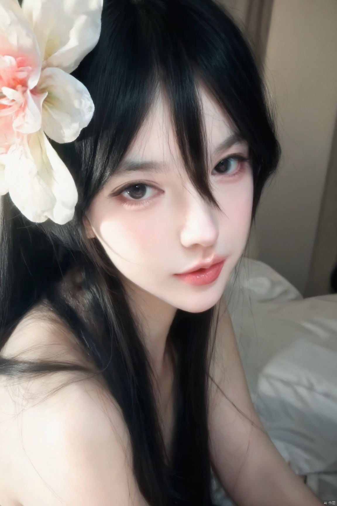 score_9, score_8_up, score_7_up,highly detailed digital,1girl, solo, long hair, looking at viewer, black hair, hair between eyes, upper body, flower, black eyes, lips, pale skin, realistic