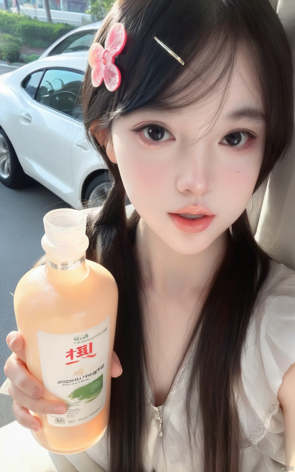 score_9, score_8_up, score_7_up,highly detailed digital,1girl, solo, long hair, looking at viewer, brown hair, black hair, hair ornament, holding, twintails, upper body, parted lips, hairclip, black eyes, lips, bottle, ground vehicle, realistic, 