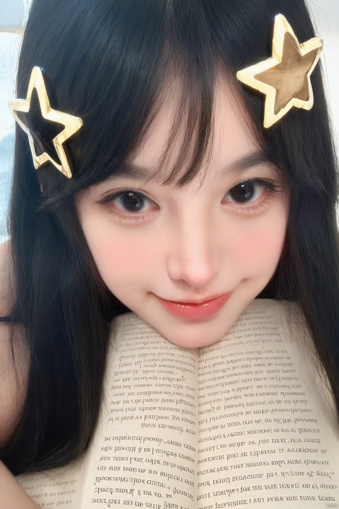 score_9, score_8_up, score_7_up,highly detailed digital,1girl, solo, long hair, looking at viewer, smile, bangs, black hair, hair ornament, closed mouth, star \(symbol\), black eyes, english text, lips, book, close-up, star hair ornament, open book, realistic
