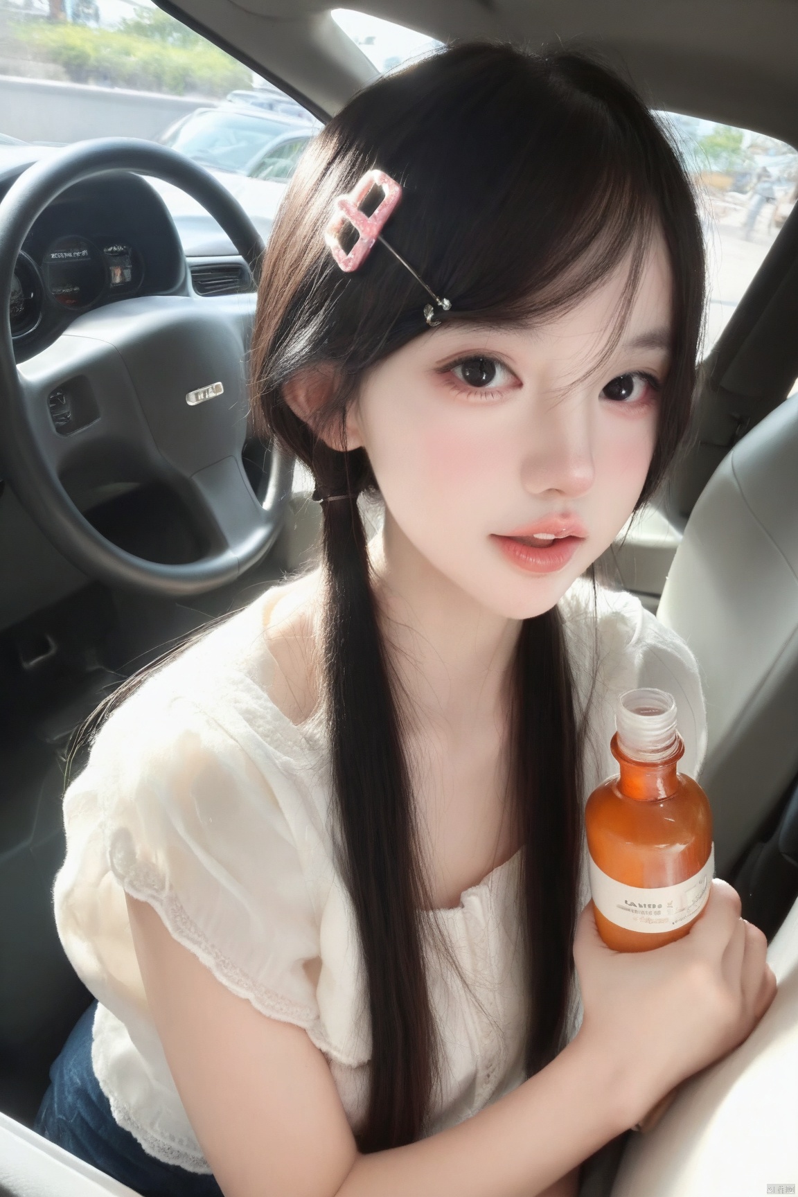 score_9, score_8_up, score_7_up,highly detailed digital,1girl, solo, long hair, looking at viewer, brown hair, black hair, hair ornament, holding, twintails, upper body, parted lips, hairclip, black eyes, lips, bottle, ground vehicle, realistic, 