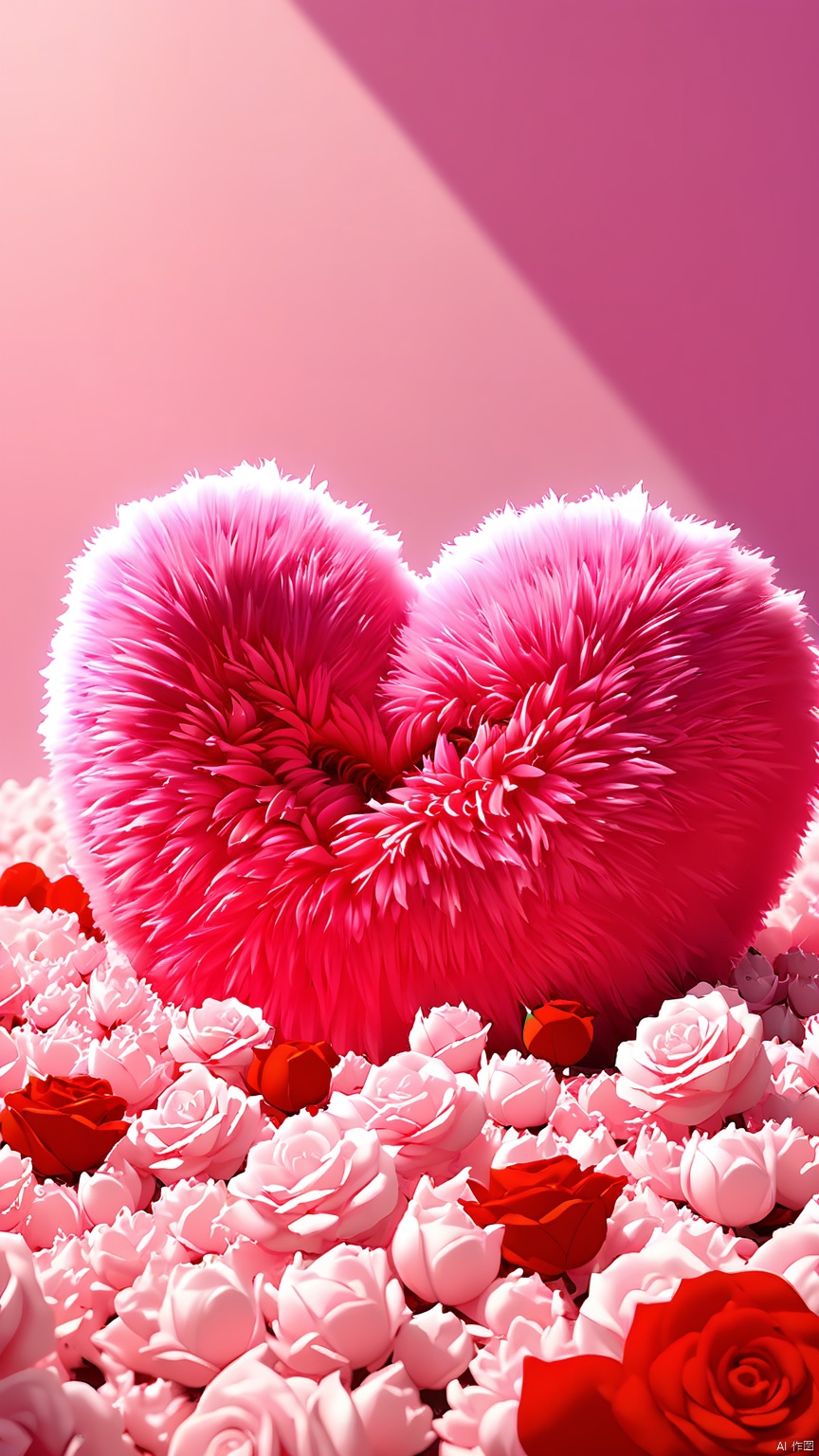 BJYS, Photo of a heart-shaped, fluffy pink plush toy lying on a bed of pink and red rose petals. The plush toy has a soft, velvety texture and is centered in the frame. The background is filled with more rose petals, creating a romantic and whimsical atmosphere. The lighting is soft and diffused, casting gentle shadows and highlighting the plush toy's texture. The overall color scheme is predominantly pink, with subtle variations in shades. The image is high quality and well-composed, with a shallow depth of field that blurs the background slightly, drawing attention to the plush toy.