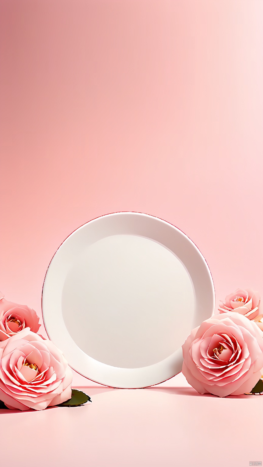 BJYS, Photograph of a white plate with a lid, surrounded by pink roses and rose petals, set against a soft pink background. The roses are in various stages of bloom, adding a delicate and romantic touch. The lighting is soft and diffused, creating a gentle and serene atmosphere. The composition is simple and elegant, with the plate as the central focus. The image is clean and minimalistic, with a focus on the natural beauty of the flowers and the smooth, white surface of the plate.