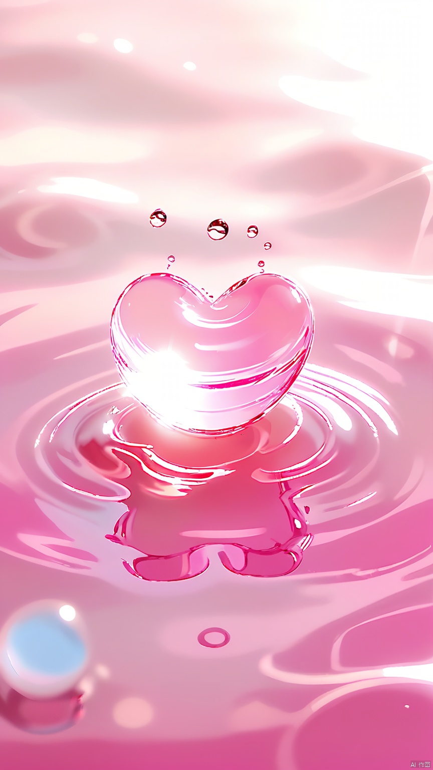 BJYS, A heart-shaped water droplet on a reflective surface, with a soft pink hue, surrounded by smaller droplets, and surrounded by a pink and white gradient background. The droplet appears to be suspended in mid-air, with light reflecting off it, creating a sparkling effect. The water droplet has a glossy, smooth texture. The background is abstract, with a blend of soft pink and white tones, giving a dreamy, ethereal feel. The image has a serene and delicate aesthetic, with a focus on the beauty of a single droplet of water.