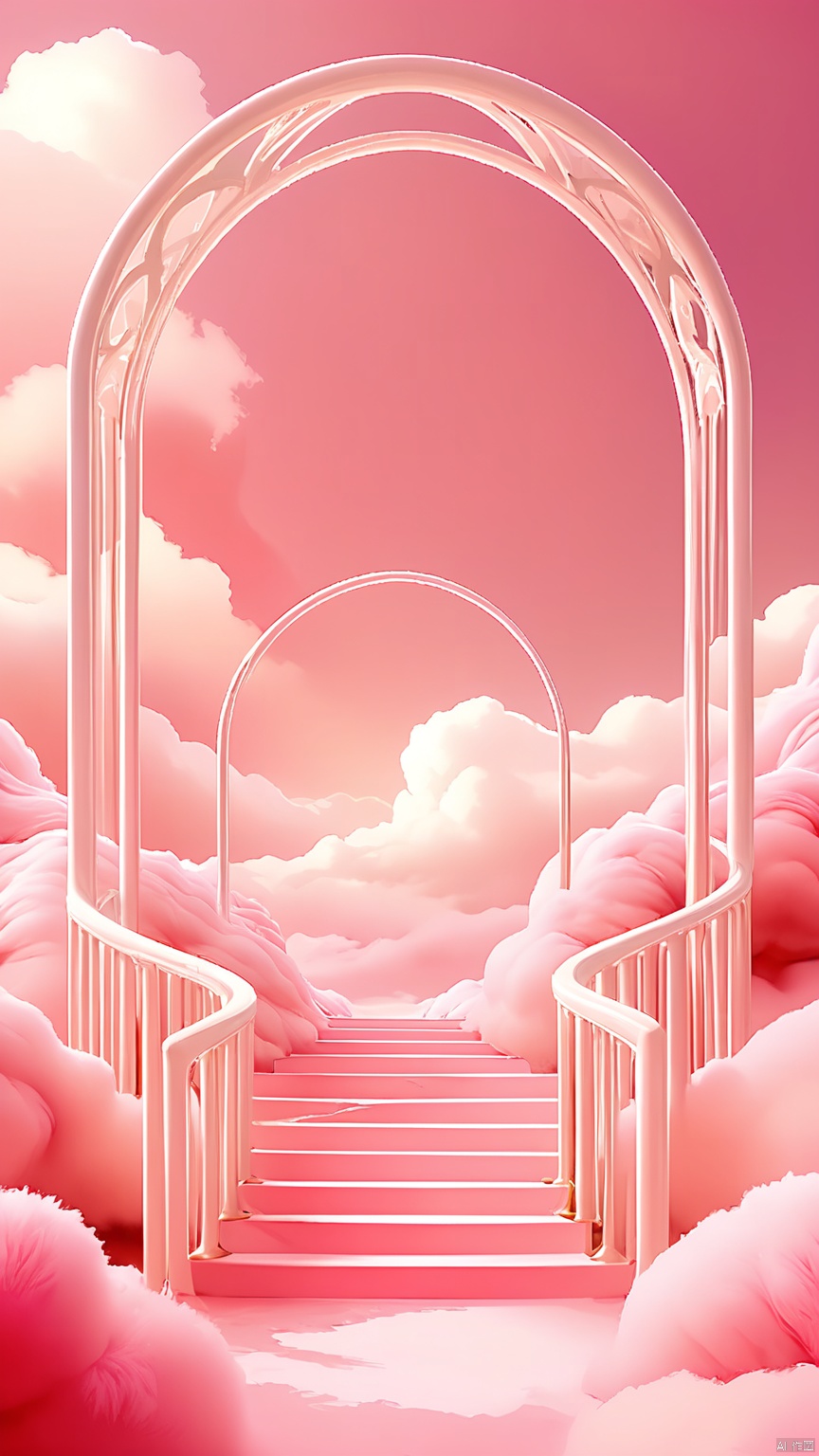 BJYS, Photograph of a surreal, ethereal landscape featuring a white, ornate archway with intricate columns, leading to a staircase ascending into a sky filled with soft, fluffy pink clouds. The archway is illuminated by a gentle, warm light, creating a dreamy atmosphere. The overall color palette is predominantly pink and white, with a soft, pastel aesthetic. The scene is serene and otherworldly, with a sense of calm and wonder.
