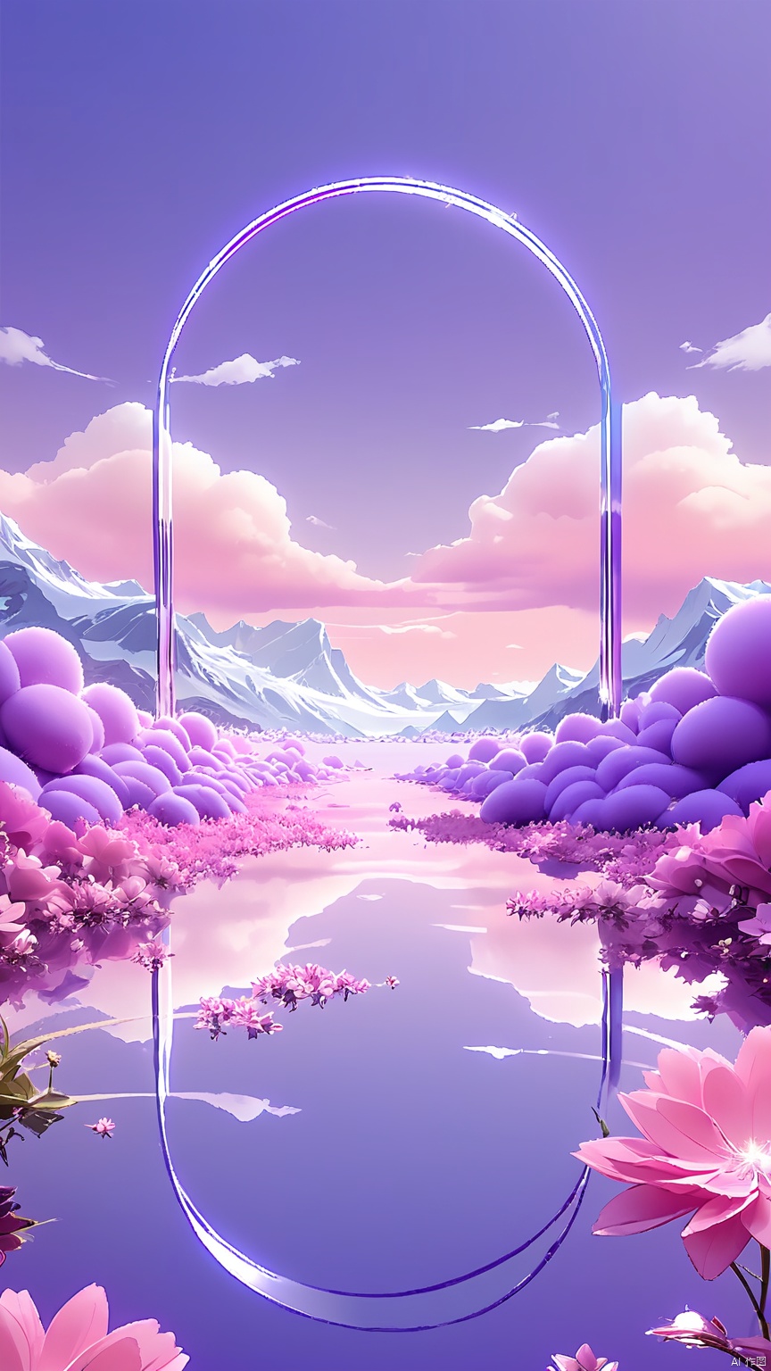 BJYS, A surreal, digital artwork featuring a large, transparent archway in the center, reflecting a serene sky with pink and purple clouds. The archway is surrounded by a field of pink and purple flowers, with a reflective water surface below. In the background, snow-capped mountains are visible under a clear, blue sky. The scene is peaceful and ethereal, with a dreamlike quality. The colors are soft and pastel, enhancing the tranquil atmosphere. The overall composition is balanced and visually striking.