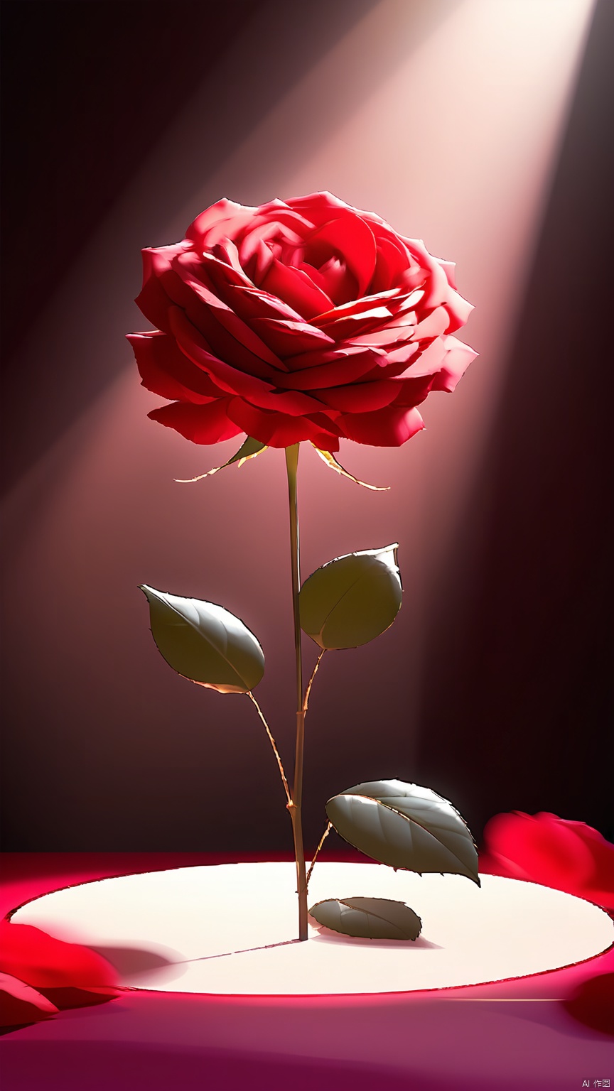 BJYS, A photograph of a single, vibrant red rose in full bloom, standing upright against a dark, blurred background. The rose's petals are a rich, deep red, and its green leaves are visible, with one leaf partially out of focus. The lighting is dramatic, with a strong spotlight shining down on the flower, casting deep shadows and creating a moody, almost theatrical atmosphere. The flower is positioned to the right of the frame, with the spotlight creating a bright, circular halo effect around it. The overall color scheme is dark and moody, with the red of the rose standing out starkly against the black background.