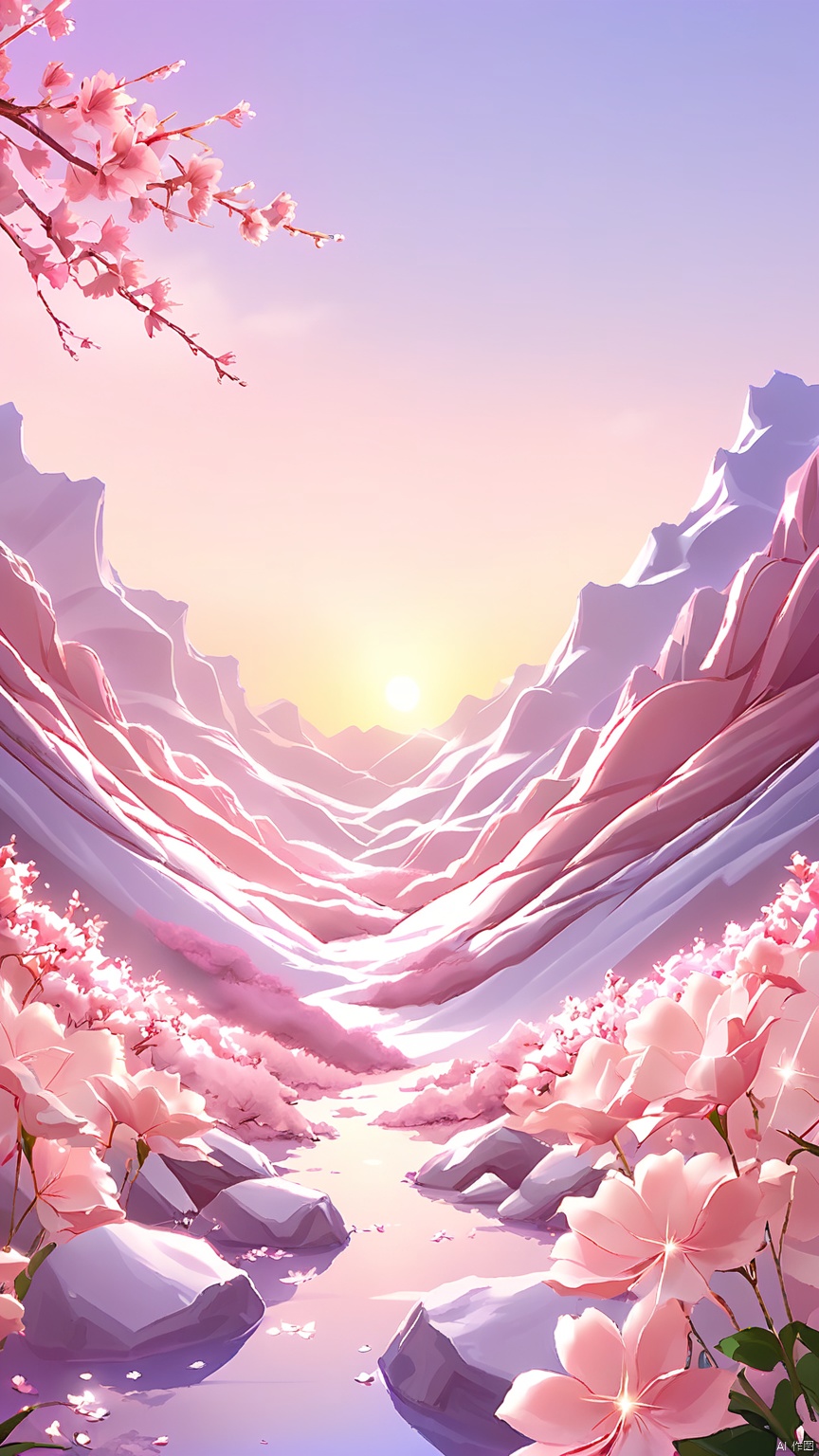 BJYS, Digital artwork of a serene mountain landscape at sunrise or sunset. The sky is a soft gradient of pastel pink and purple hues, with the sun casting a gentle glow. The foreground features cherry blossoms in full bloom, their delicate white petals and soft pink tones contrasting with the rocky, mountainous terrain. The background showcases snow-capped peaks, adding a sense of tranquility and depth. The overall style is soft and dreamy, with a focus on light and gentle color transitions. The image has a peaceful, almost ethereal quality, evoking a sense of calm and natural beauty.