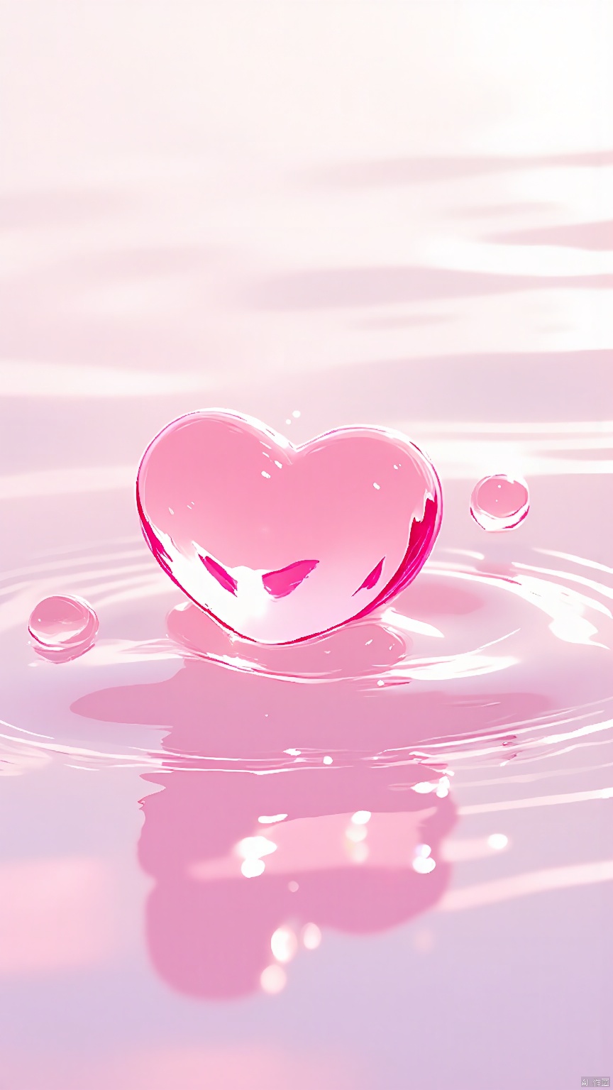 BJYS, A heart-shaped water droplet on a reflective surface, with a soft pink hue, surrounded by smaller droplets, and surrounded by a pink and white gradient background. The droplet appears to be suspended in mid-air, with light reflecting off it, creating a sparkling effect. The water droplet has a glossy, smooth texture. The background is abstract, with a blend of soft pink and white tones, giving a dreamy, ethereal feel. The image has a serene and delicate aesthetic, with a focus on the beauty of a single droplet of water.