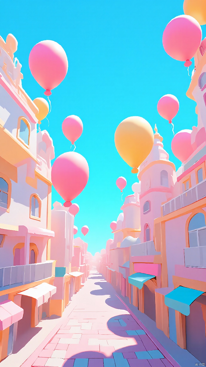 BJYS, A whimsical, colorful illustration of a vibrant, cartoonish town street on a bright, sunny day. The street is paved with pink and white bricks, lined with pastel-colored buildings on either side. Balloons in pink, yellow, and white float above, casting playful shadows on the buildings. The buildings have unique, playful designs with rounded edges and varied roof shapes. The sky is a clear, bright blue, adding to the cheerful atmosphere. The style is reminiscent of a children's book illustration, with a playful and imaginative aesthetic.