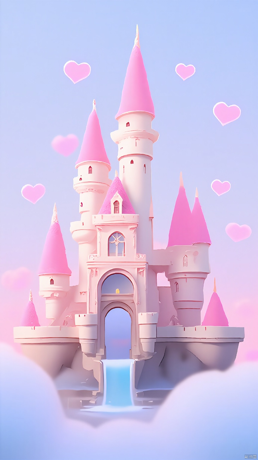 BJYS, A whimsical, pastel-colored illustration of a magical castle with pink towers and spires, surrounded by fluffy clouds and floating hearts. The castle features a grand, circular door at the center, flanked by smaller towers and adorned with intricate details. The sky is a soft gradient of blue and pink hues, enhancing the dreamy atmosphere. The overall style is playful and fantastical, reminiscent of a fairy tale.