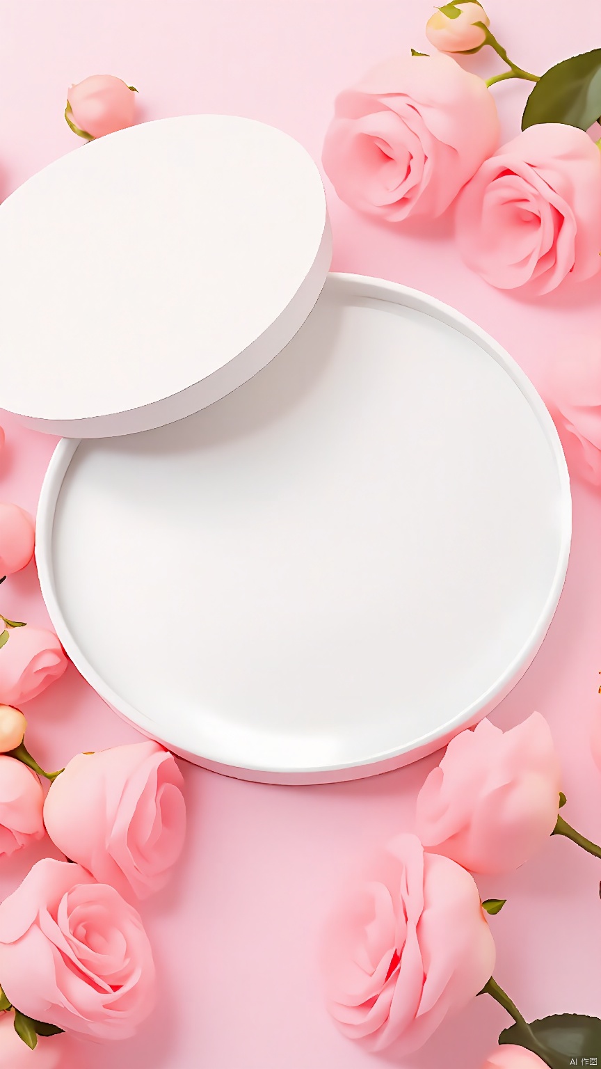 BJYS, Photograph of a white plate with a lid, surrounded by pink roses and rose petals, set against a soft pink background. The roses are in various stages of bloom, adding a delicate and romantic touch. The lighting is soft and diffused, creating a gentle and serene atmosphere. The composition is simple and elegant, with the plate as the central focus. The image is clean and minimalistic, with a focus on the natural beauty of the flowers and the smooth, white surface of the plate.