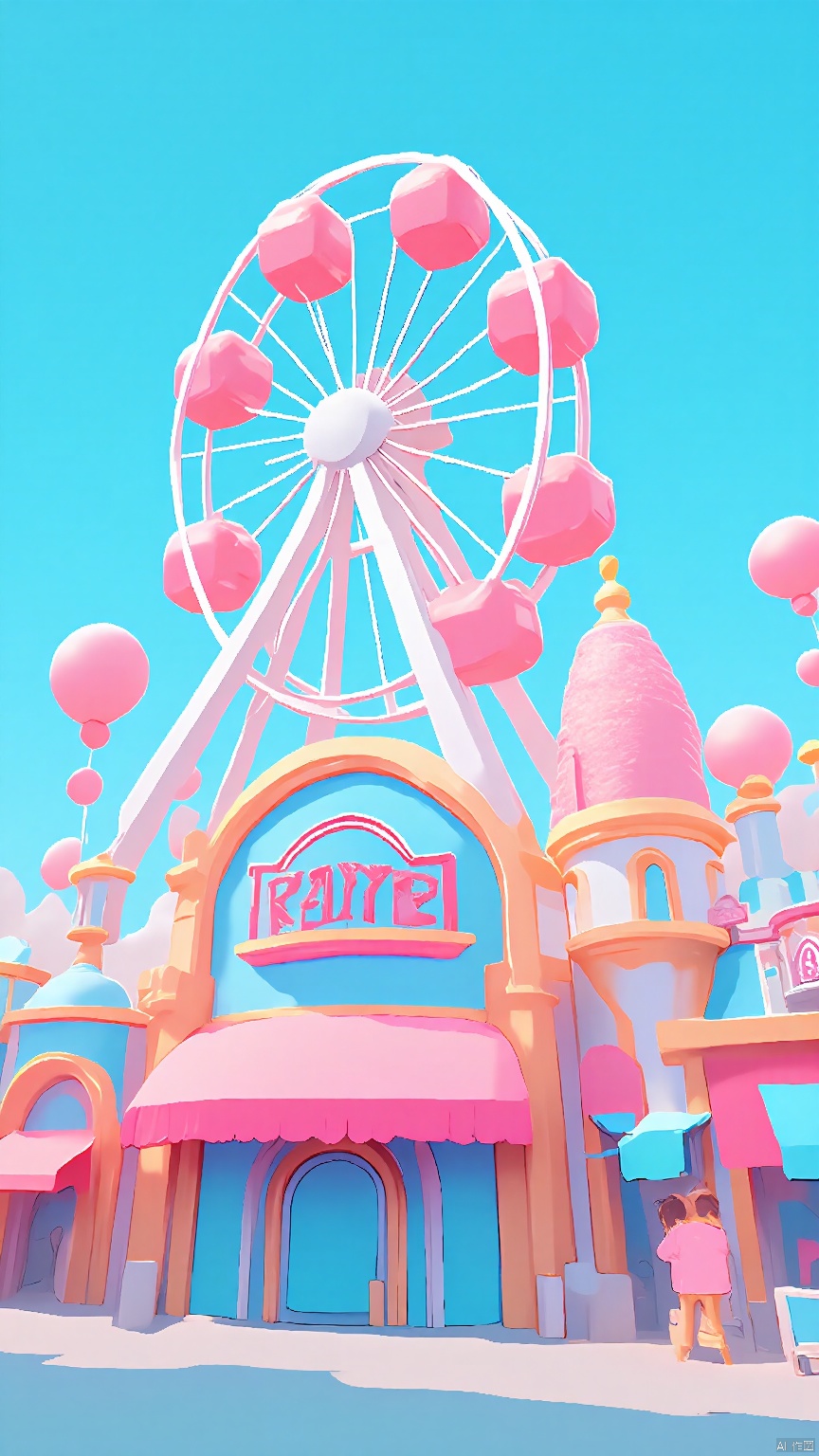 BJYS, A vibrant and whimsical digital illustration of a carnival scene with a bright and colorful palette. The main subject is a large, stylized carousel with a pink and white color scheme, featuring a central dome and a multitude of seats. The background includes a blue sky with fluffy clouds and a few balloons. In the foreground, there is a small, detailed building with a pink awning and a sign that reads "Carnival." The architecture is playful and cartoonish, with rounded shapes and pastel colors. The overall atmosphere is cheerful and festive, with a sense of fun and excitement.
