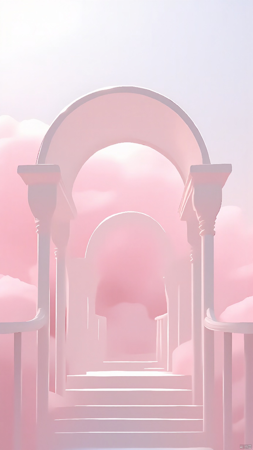 BJYS, Photograph of a surreal, ethereal landscape featuring a white, ornate archway with intricate columns, leading to a staircase ascending into a sky filled with soft, fluffy pink clouds. The archway is illuminated by a gentle, warm light, creating a dreamy atmosphere. The overall color palette is predominantly pink and white, with a soft, pastel aesthetic. The scene is serene and otherworldly, with a sense of calm and wonder.