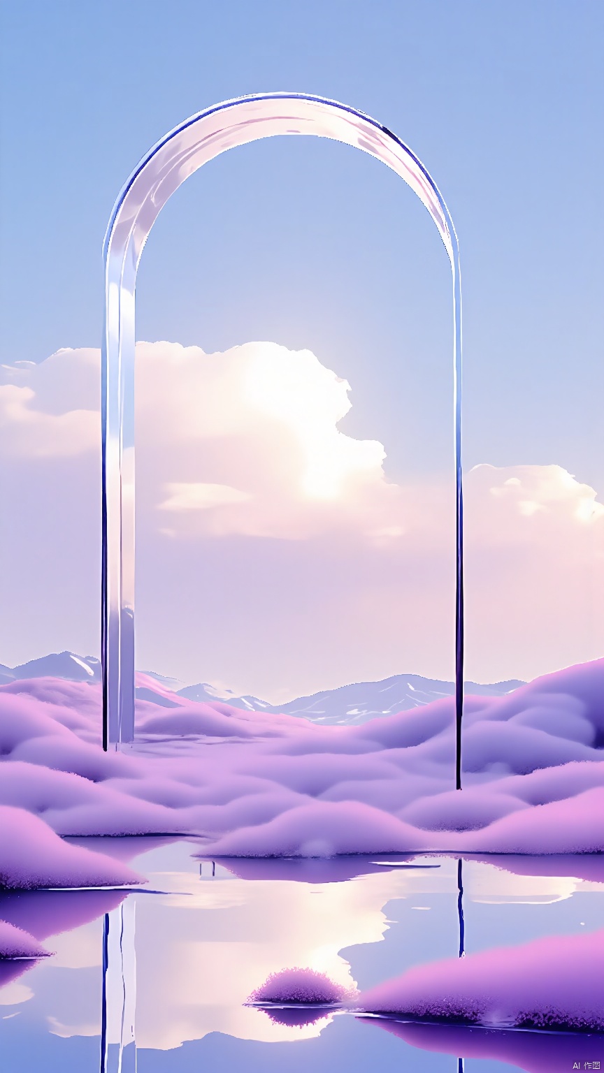 BJYS, A surreal, digital artwork featuring a large, transparent archway in the center, reflecting a serene sky with pink and purple clouds. The archway is surrounded by a field of pink and purple flowers, with a reflective water surface below. In the background, snow-capped mountains are visible under a clear, blue sky. The scene is peaceful and ethereal, with a dreamlike quality. The colors are soft and pastel, enhancing the tranquil atmosphere. The overall composition is balanced and visually striking.