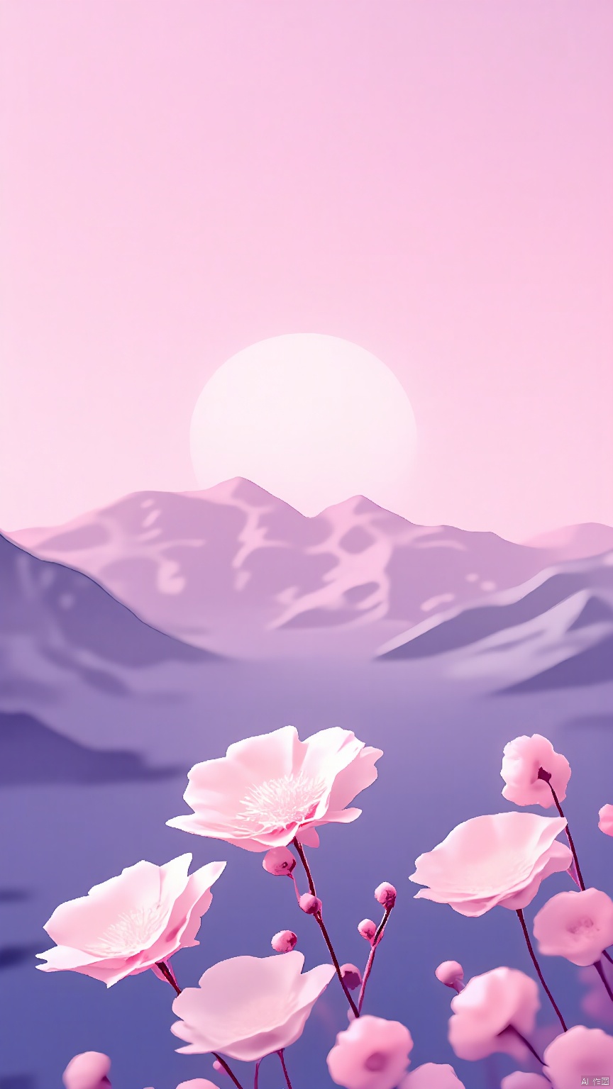 BJYS, Digital artwork of a serene mountain landscape at sunrise or sunset. The sky is a soft gradient of pastel pink and purple hues, with the sun casting a gentle glow. The foreground features cherry blossoms in full bloom, their delicate white petals and soft pink tones contrasting with the rocky, mountainous terrain. The background showcases snow-capped peaks, adding a sense of tranquility and depth. The overall style is soft and dreamy, with a focus on light and gentle color transitions. The image has a peaceful, almost ethereal quality, evoking a sense of calm and natural beauty.