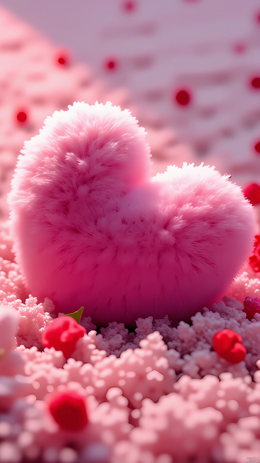 BJYS, Photo of a heart-shaped, fluffy pink plush toy lying on a bed of pink and red rose petals. The plush toy has a soft, velvety texture and is centered in the frame. The background is filled with more rose petals, creating a romantic and whimsical atmosphere. The lighting is soft and diffused, casting gentle shadows and highlighting the plush toy's texture. The overall color scheme is predominantly pink, with subtle variations in shades. The image is high quality and well-composed, with a shallow depth of field that blurs the background slightly, drawing attention to the plush toy.