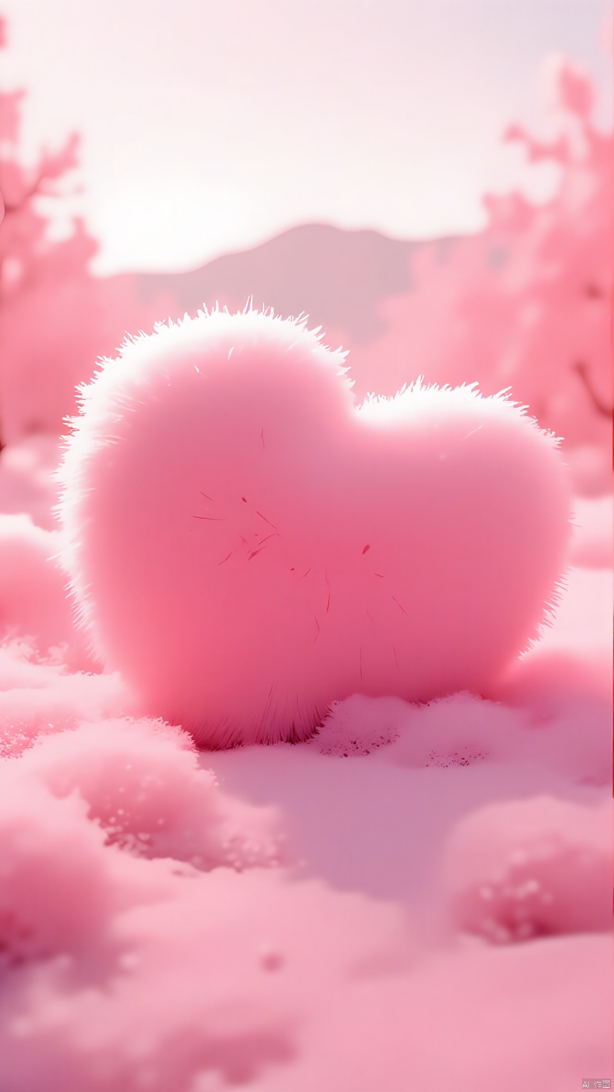 BJYS, A surreal, digital artwork featuring a large, fluffy pink heart-shaped object in the foreground, surrounded by a soft, pink-hued landscape. The background is filled with misty, pink-tinged trees and distant mountains, creating a dreamy atmosphere. The scene is bathed in soft, ethereal light, enhancing the whimsical and fantastical feel. The pink hues dominate the color palette, giving the entire image a cohesive and soothing aesthetic.
