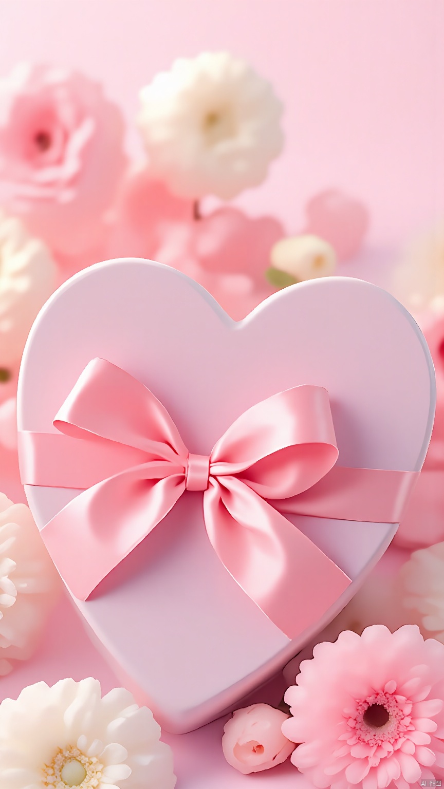 BJYS, A photograph featuring a heart-shaped box with a satin pink ribbon tied around it, positioned in the center of the image. The box is surrounded by various pink and white flowers, including roses and daisies, scattered around the edges. The background is a soft pink gradient, creating a romantic and serene atmosphere. The lighting is soft and diffused, enhancing the delicate and gentle feel of the scene. The overall composition is clean and minimalistic, focusing on the elegance of the flowers and the box.
